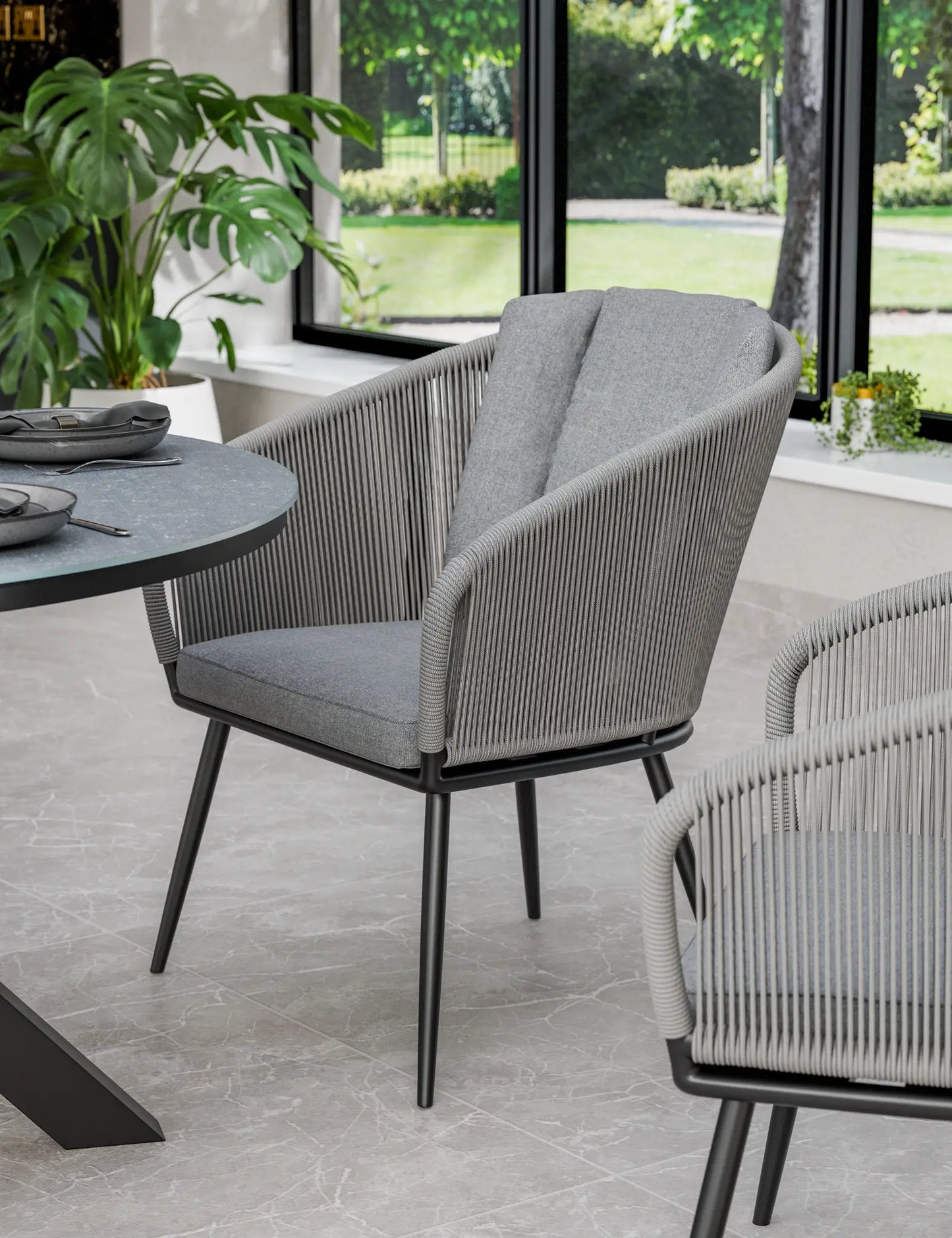 Aspen 6 Seater Ellipse Ceramic Glass Dining Set with Aspen Rope Chairs