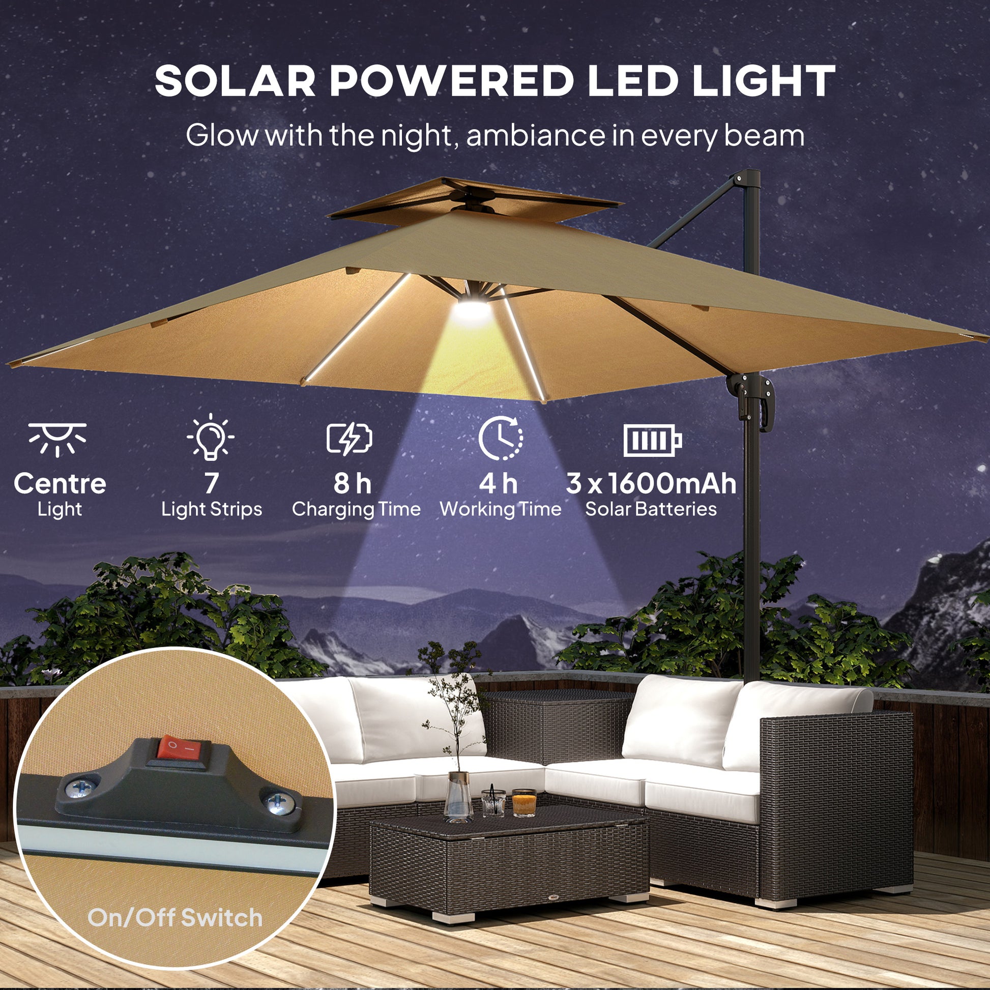 Outsunny 2.5m Cantilever Parasol with Solar Powered LED Lights, 360° Rotation, Tilt Adjustment, Crank Handle, Khaki