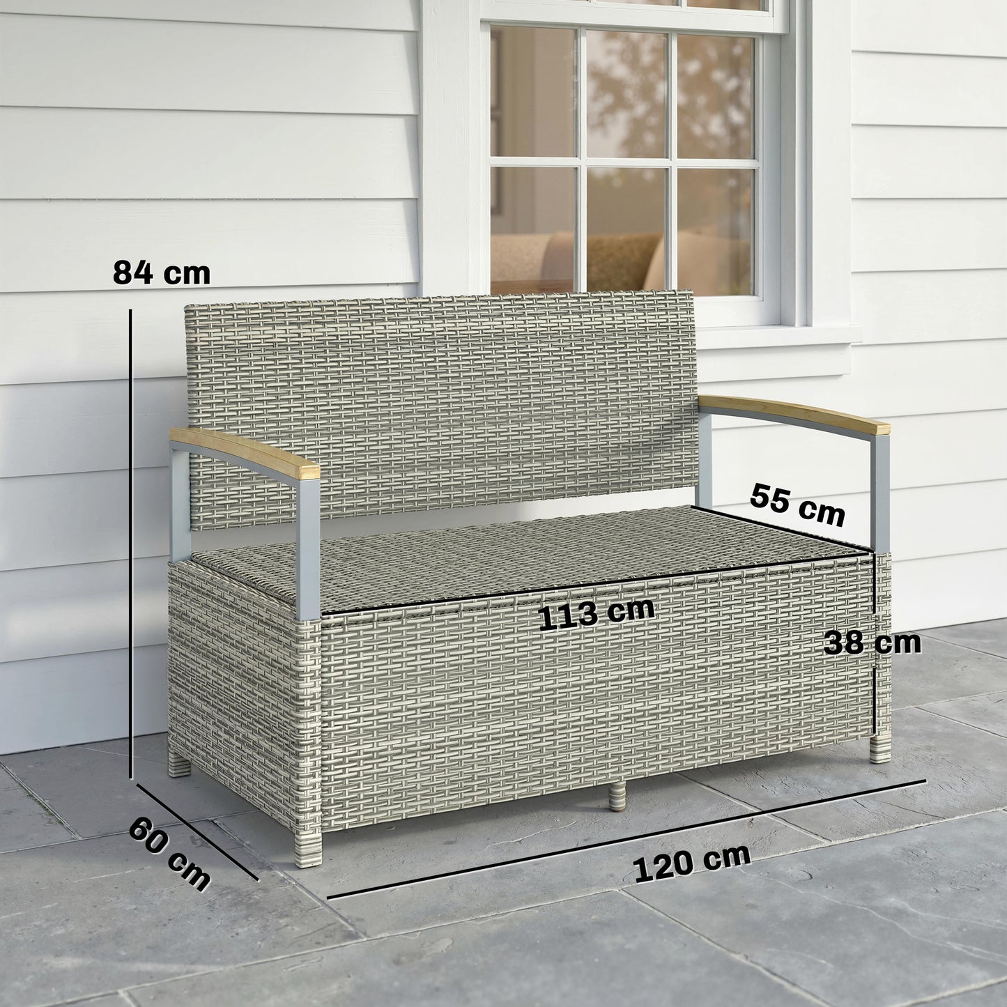 Outsunny 170 L Garden Storage Bench with Zipped Liner, 2 Seater Rattan Garden Bench with Storage, Gas Strut, Cushion, Light Grey