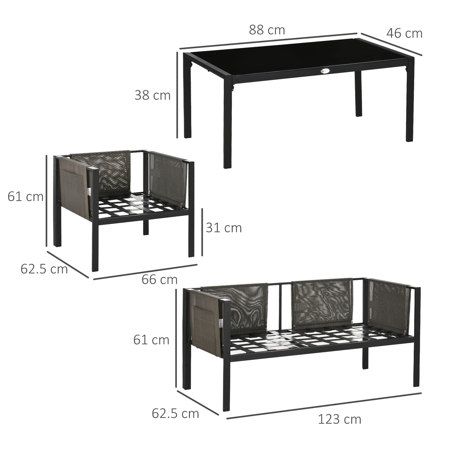 Outsunny 4 Piece Metal Garden Furniture Set with Tempered Glass Coffee Table, Texteline Pocket, Light Grey