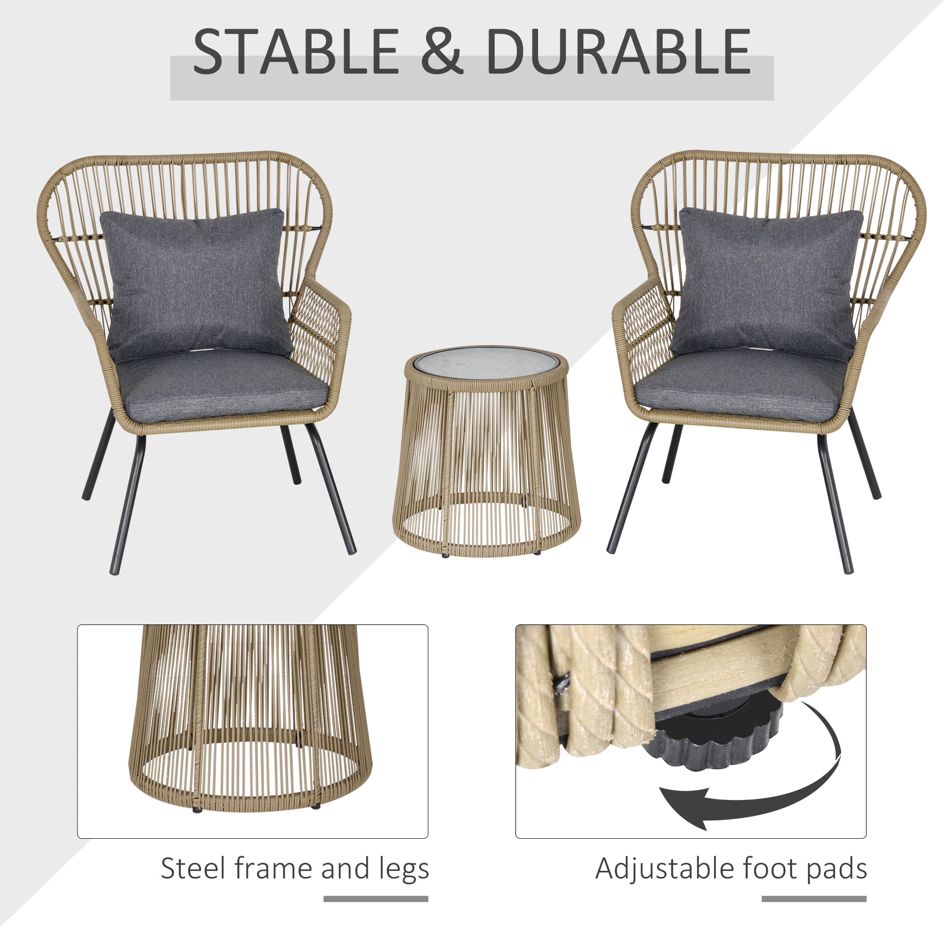 Outsunny 3 Pieces Rattan Bistro Set, Wicker Garden Furniture Set with Cushions, Glass Top Coffee Table and Chairs for Outdoor,  Small Garden, Patio, Brown