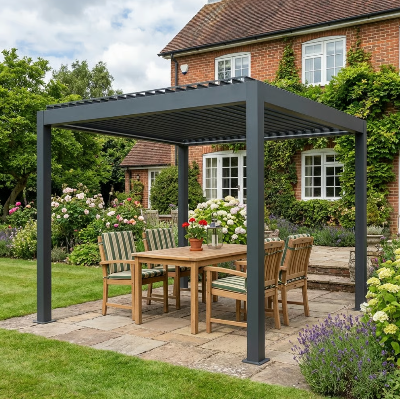 3m x 3m Dark Grey Motorised Aluminium Pergola with Remote-Controlled Louvered Roof, LED Lighting & Integrated Rainwater Drainage System