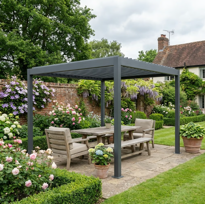 3m x 3m Dark Grey Motorised Aluminium Pergola with Remote – Controlled Louvered Roof, LED Lighting & Integrated Rainwater Drainage System