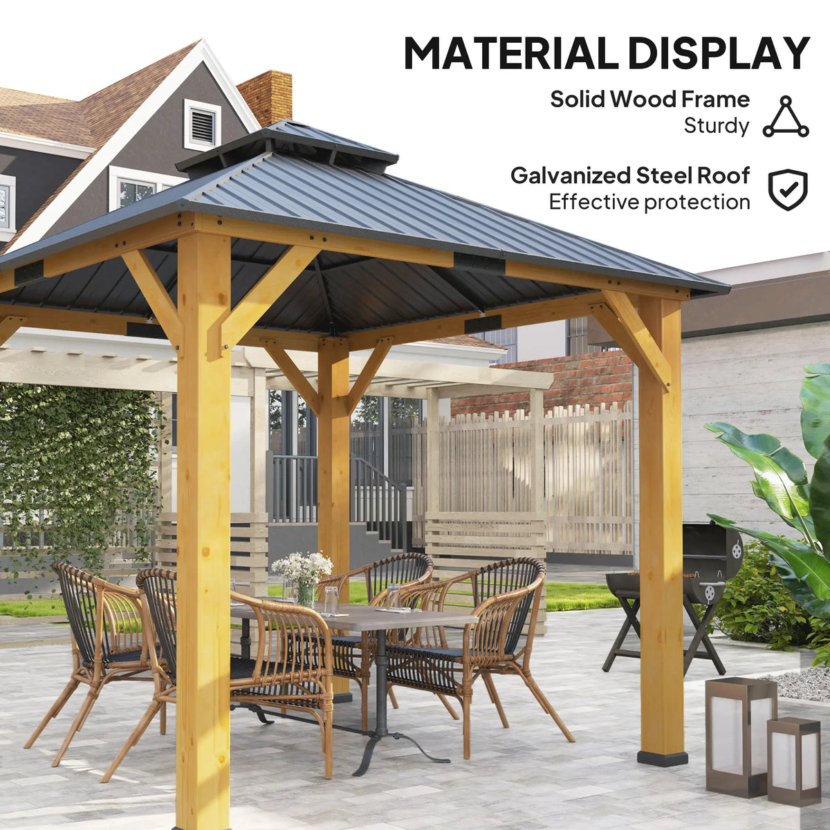 3m x 3m Wooden Frame Hardtop Gazebo with 2 – Tier Galvanised Steel Roof, Aluminium Posts & Grey Outdoor Patio Canopy Shelter