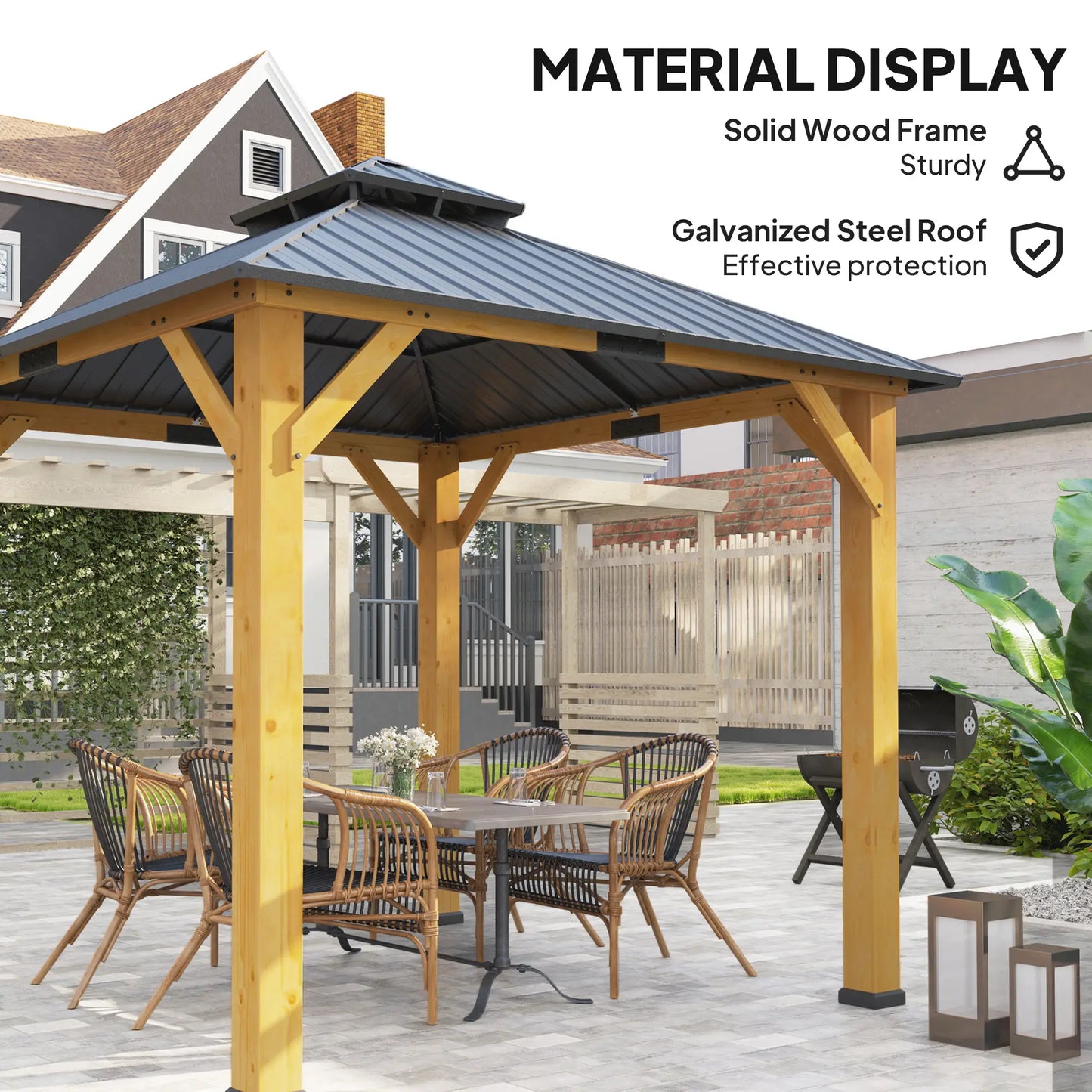3m x 3m Wooden Frame Hardtop Gazebo with 2 – Tier Galvanised Steel Roof, Aluminium Posts & Grey Outdoor Patio Canopy Shelter