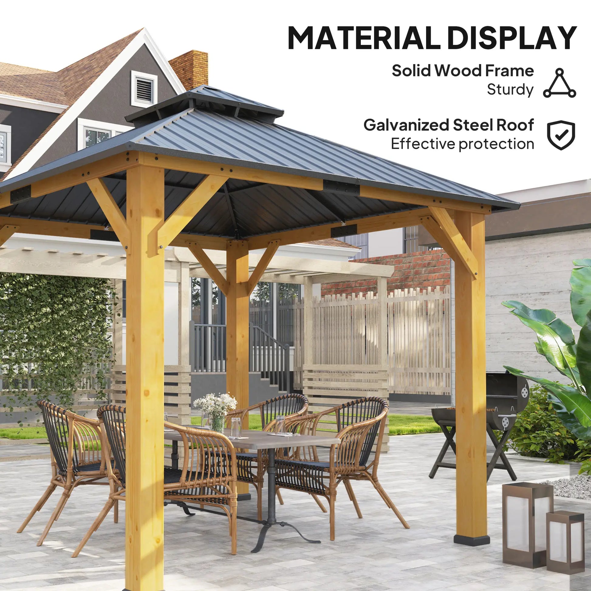 3m x 3m Wooden Frame Hardtop Gazebo with 2 – Tier Galvanised Steel Roof, Aluminium Posts & Grey Outdoor Patio Canopy Shelter