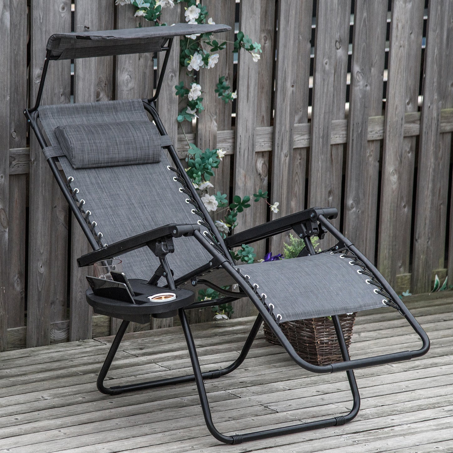 Foldable Reclining Garden Chair with Headrest, Zero Gravity Deck Sun Lounger Seat Chair with Footrest, Armrest, Cup Holder & Canopy Shade, Light