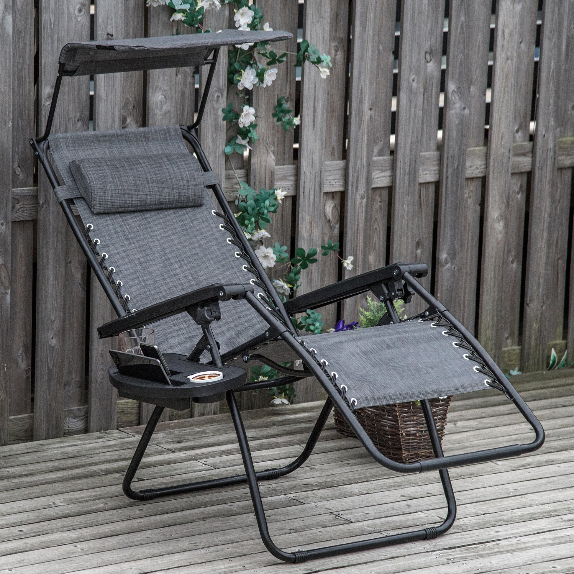 Foldable Reclining Garden Chair with Headrest, Zero Gravity Deck Sun Lounger Seat Chair with Footrest, Armrest, Cup Holder & Canopy Shade, Light