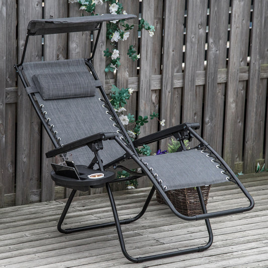 Foldable Reclining Garden Chair with Headrest, Zero Gravity Deck Sun Lounger Seat Chair with Footrest, Armrest, Cup Holder & Canopy Shade, Light