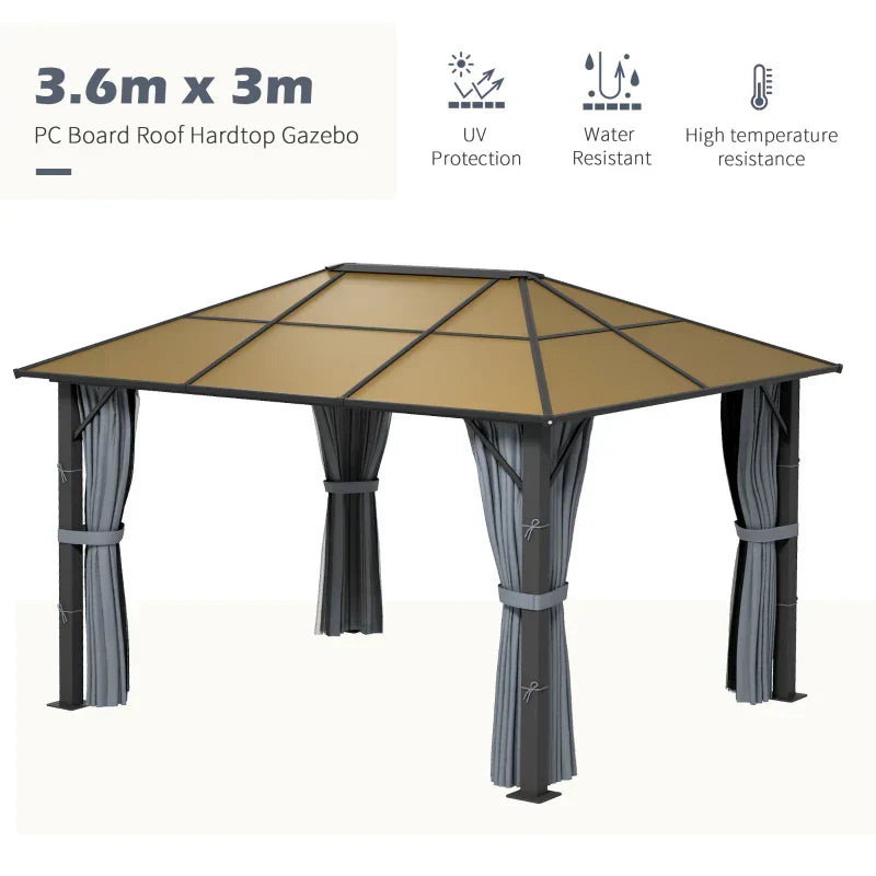 3m x 3.6m Aluminium Hardtop Gazebo - Polycarbonate Roof Garden Shelter with Privacy Curtains