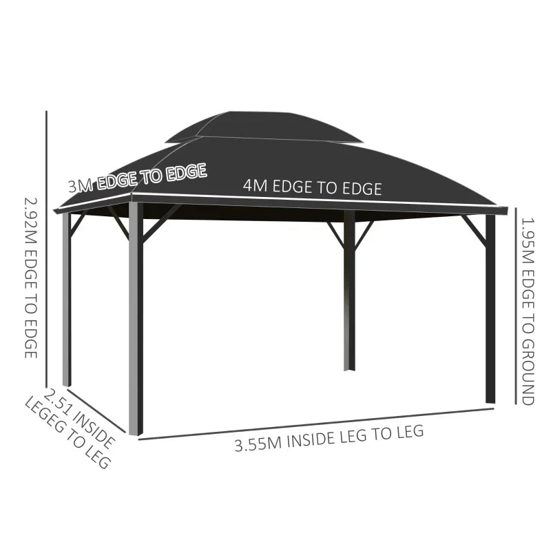 4m x 3m Aluminium Hardtop Gazebo with Polycarbonate Roof, Privacy Curtains & Mesh Sidewalls – Black & Grey