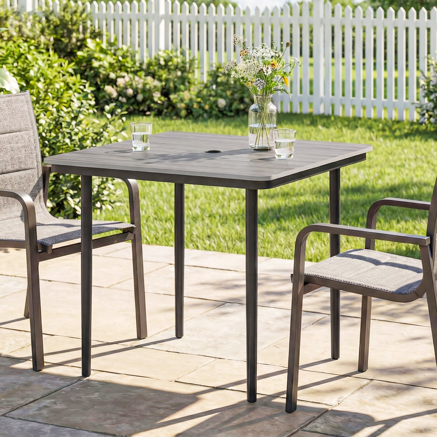 Tivoli Garden Dining Table for 4, 85 cm Square Garden Table with Umbrella Hole, Faux Wood Top, Metal Legs