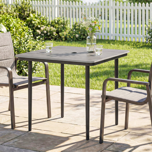 Tivoli Garden Dining Table for 4, 85 cm Square Garden Table with Umbrella Hole, Faux Wood Top, Metal Legs