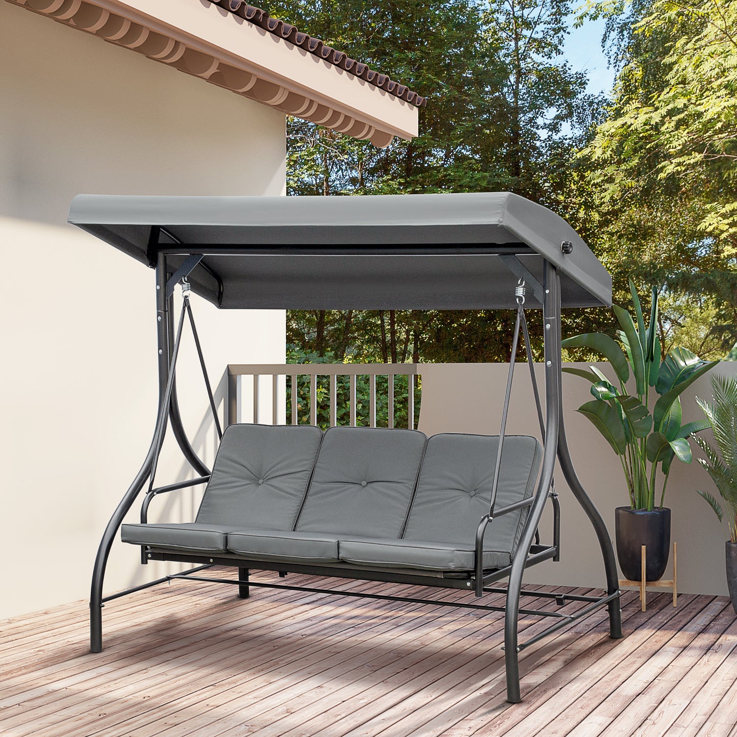 Monaco 3 Seater Garden Swing Chair, 2 in 1 Convertible Patio Swing Seat Bed with Adjustable Canopy