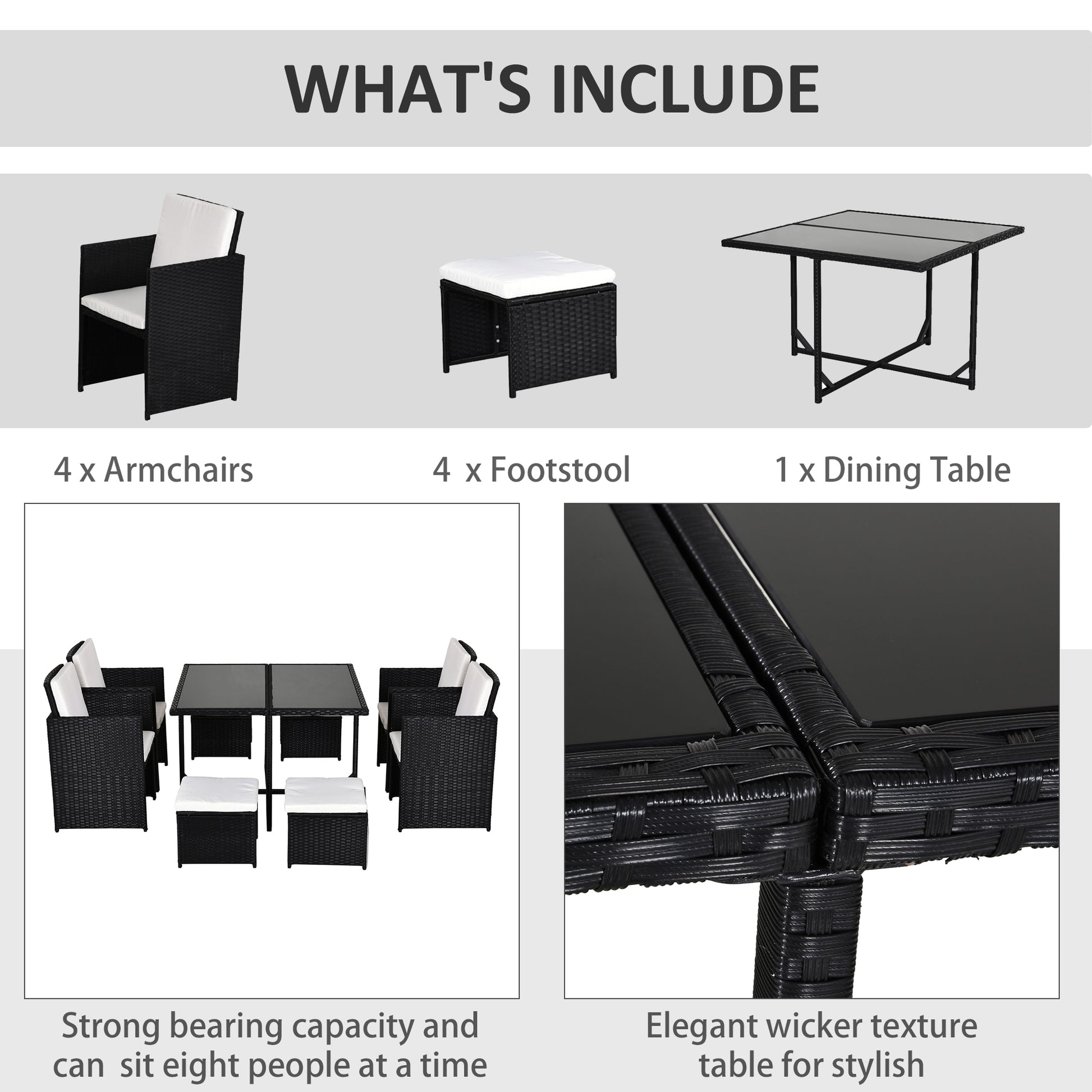 Outsunny 9 Piece Rattan Cube Garden Furniture Dining Set with Armchairs, Footstools and Glass-Top Table, Black