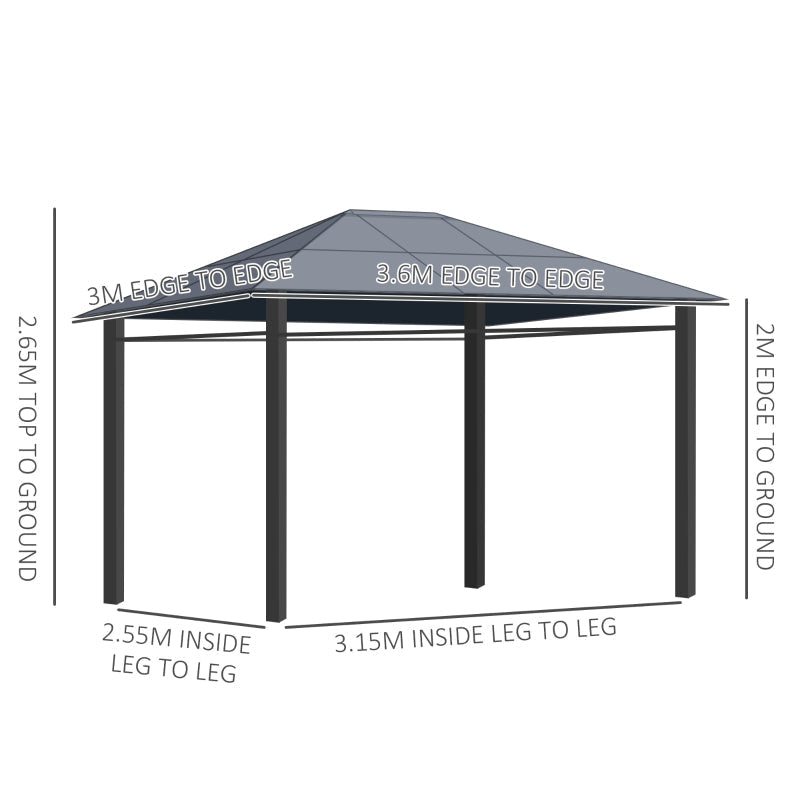3.6m x 3m Grey Polycarbonate Hardtop Garden Gazebo with Privacy Curtains & Steel Frame
