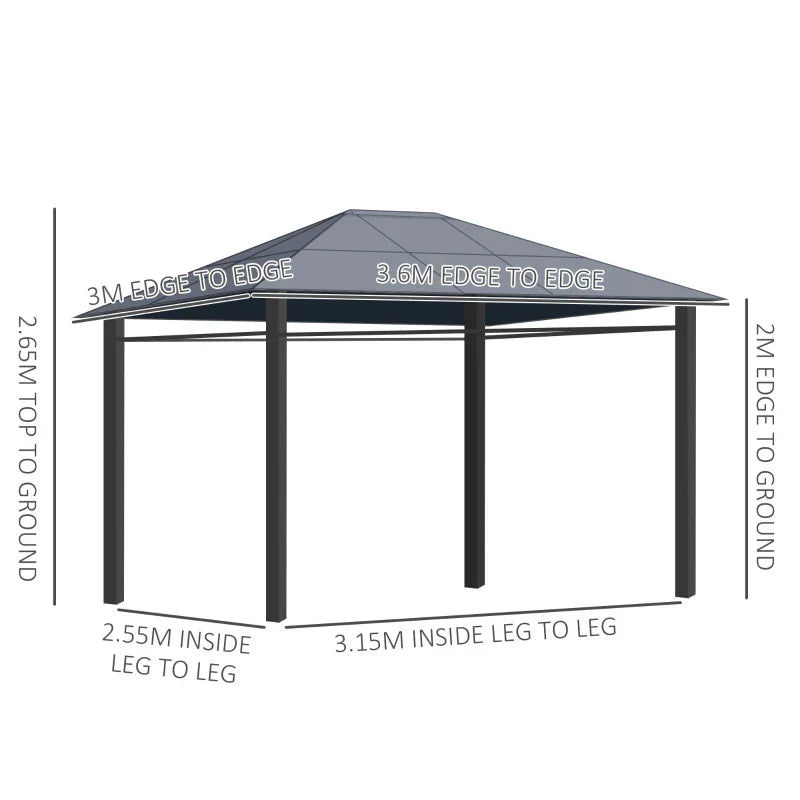 3.6m x 3m Aluminium Frame Hardtop Gazebo – UV Resistant Polycarbonate Garden Shelter with Curtains