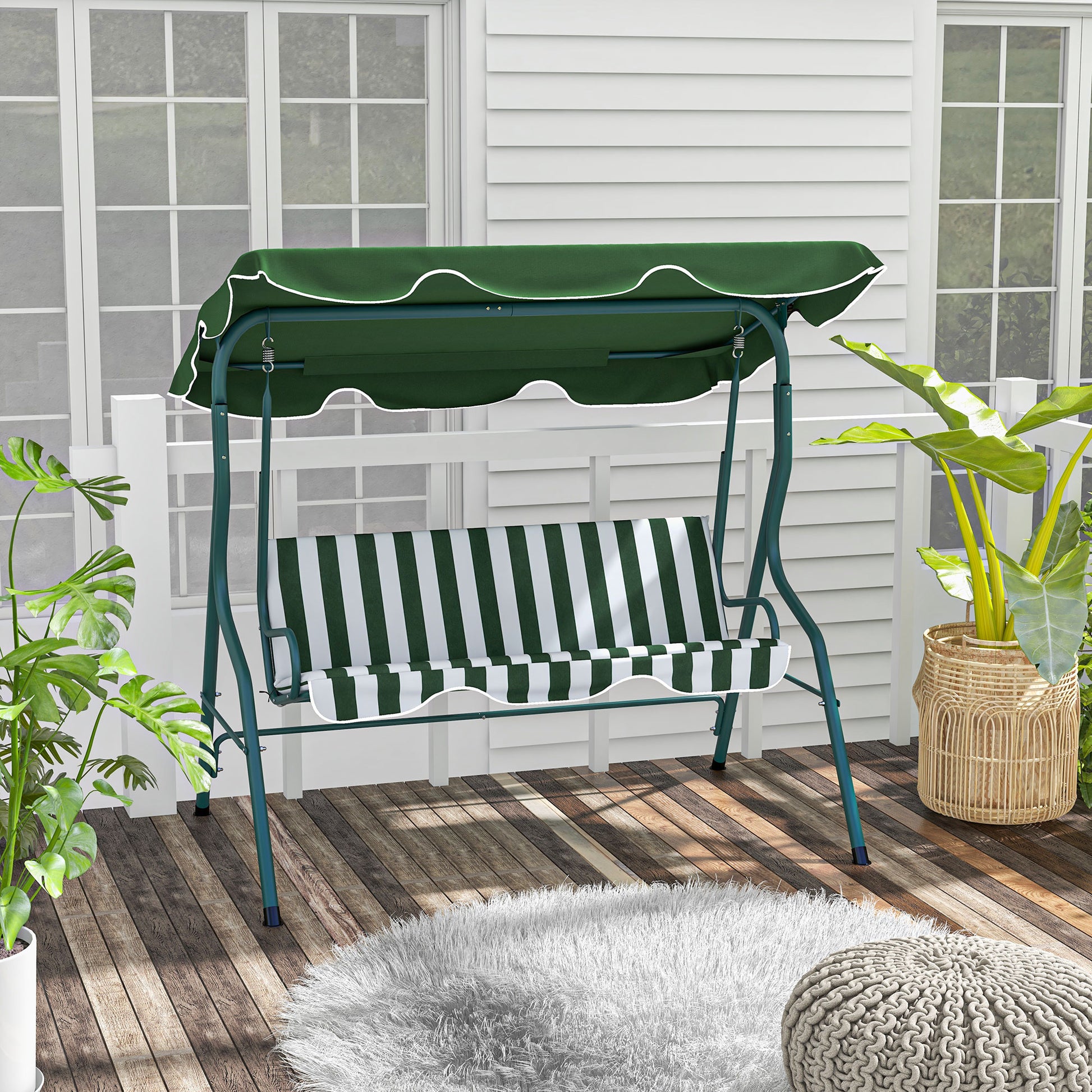 Capri 3 Seater Garden Swing Seat Chair Garden Bench with Adjustable Canopy and Metal Frame, Green Stripes
