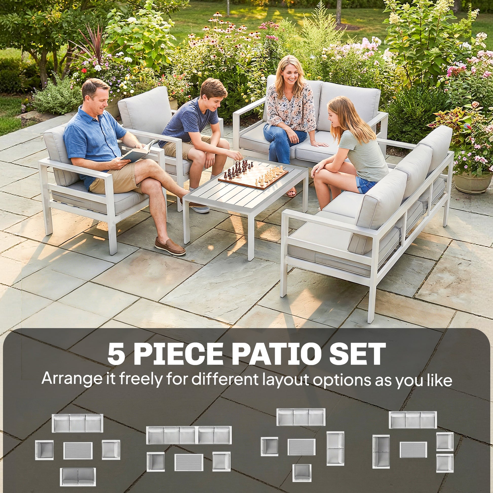 Outsunny 5 Pieces Aluminium Garden Furniture Set with Olefin Cushions, Extra Deep Outdoor Garden Sofa Set, White