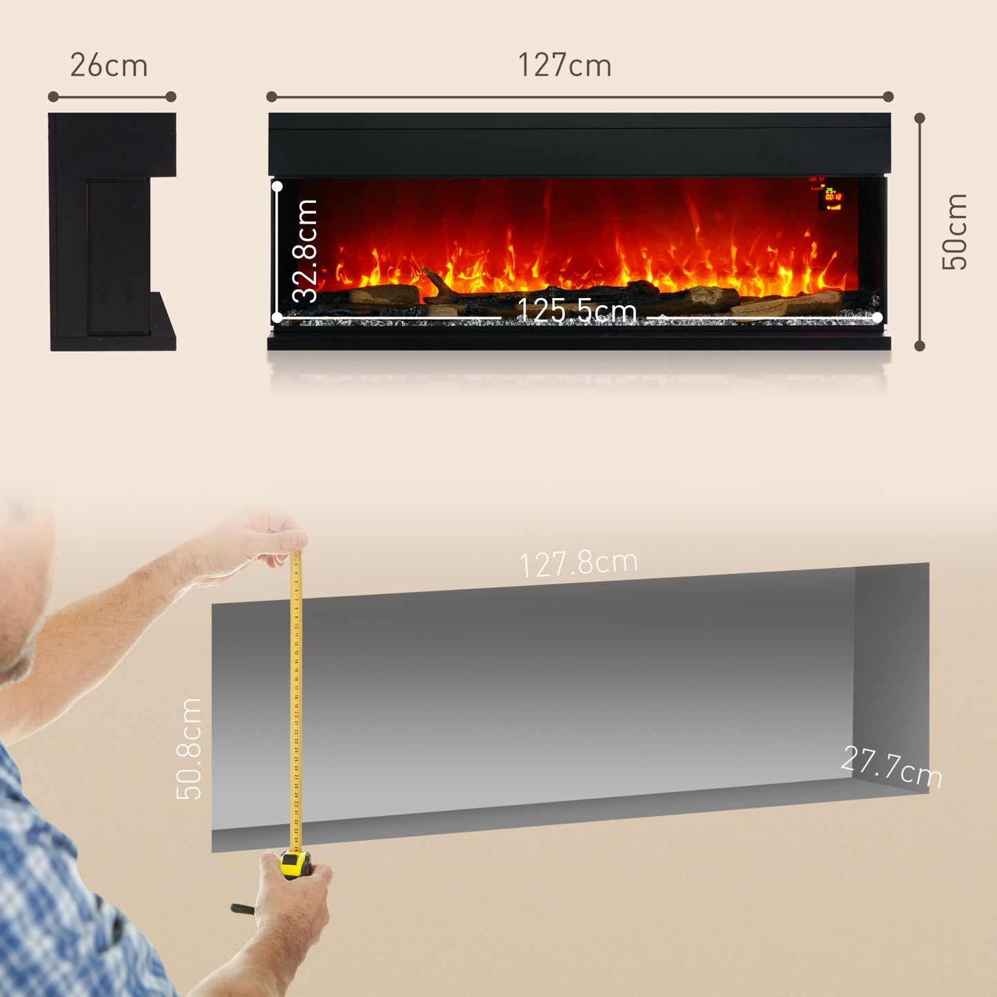 HOMCOM 1800W 15-40°C Adjustable Flame Glass Panel Convector Heater, 127cm
