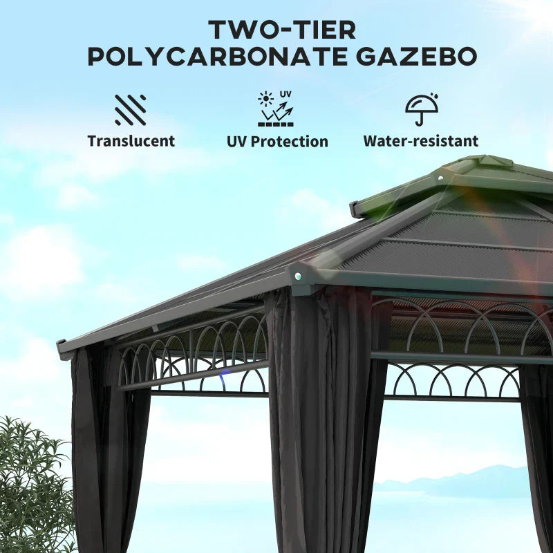 3m x 3m Dark Grey Hardtop Garden Gazebo with Polycarbonate Double Roof, Steel Frame, Privacy Curtains & Insect Netting Outdoor Pavilion