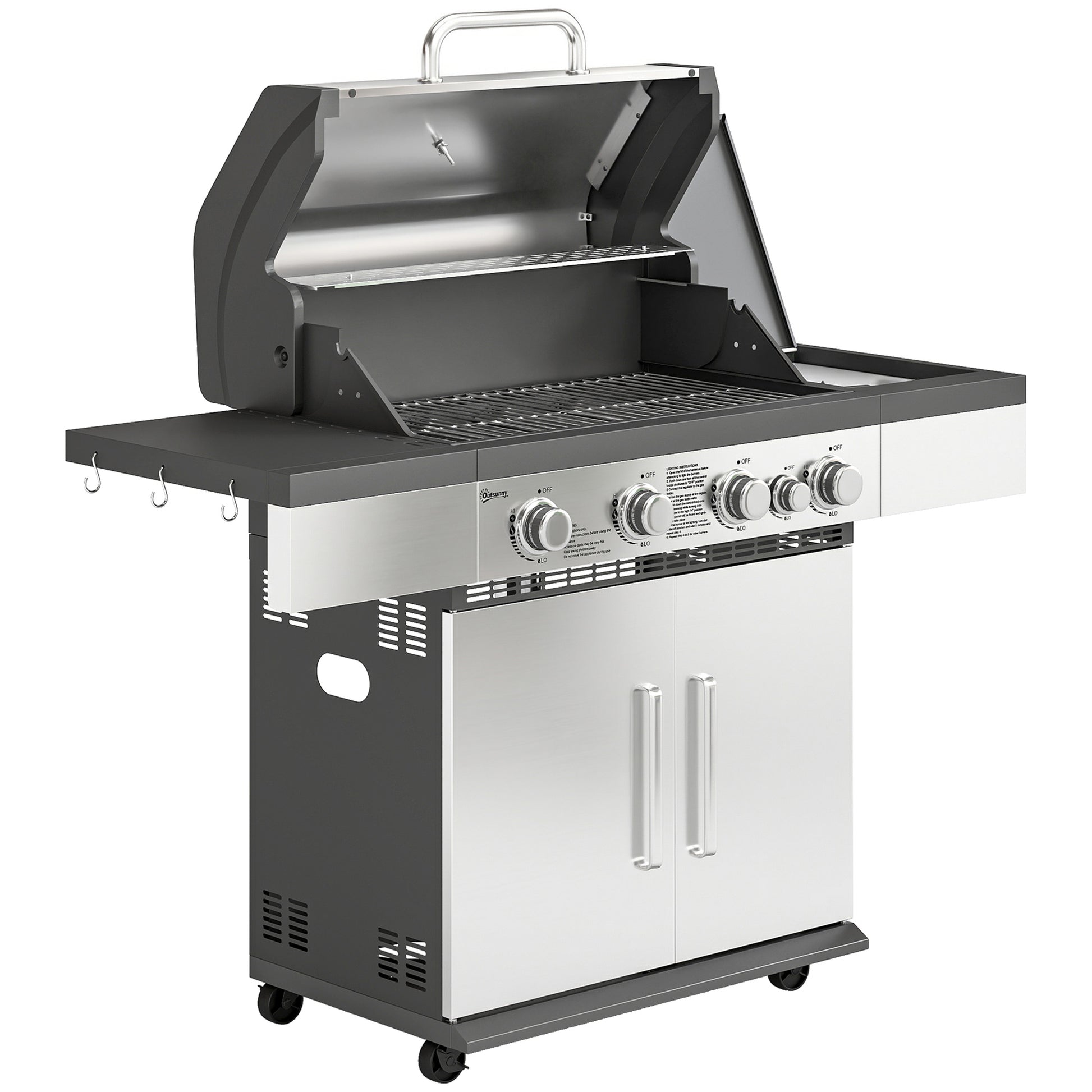 Outsunny 4+1 Burner Gas BBQ Grill, Portable Gas Barbecue Grill with Side Burner, Warming Rack, Side Shelf, Storage Cabinet