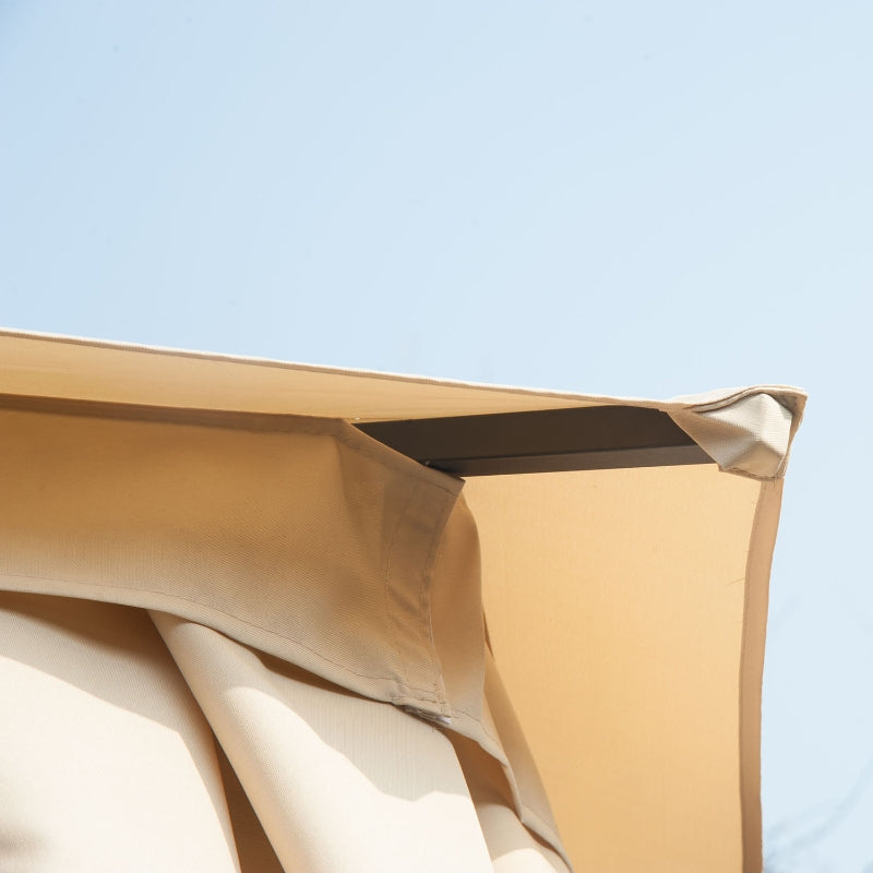 3m x 3m Beige Hexagonal Garden Gazebo with Curtains, Mesh Netting & Double-Tier Canopy