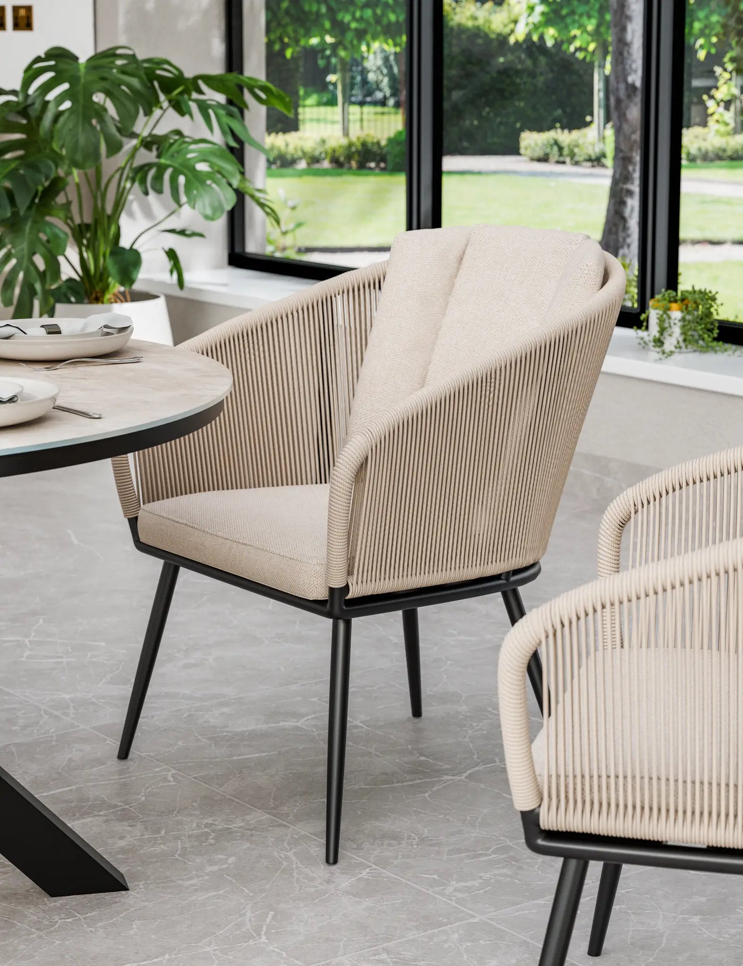 Bali 4 Seater Round Ceramic Glass Dining Set with Bali Rope Chairs