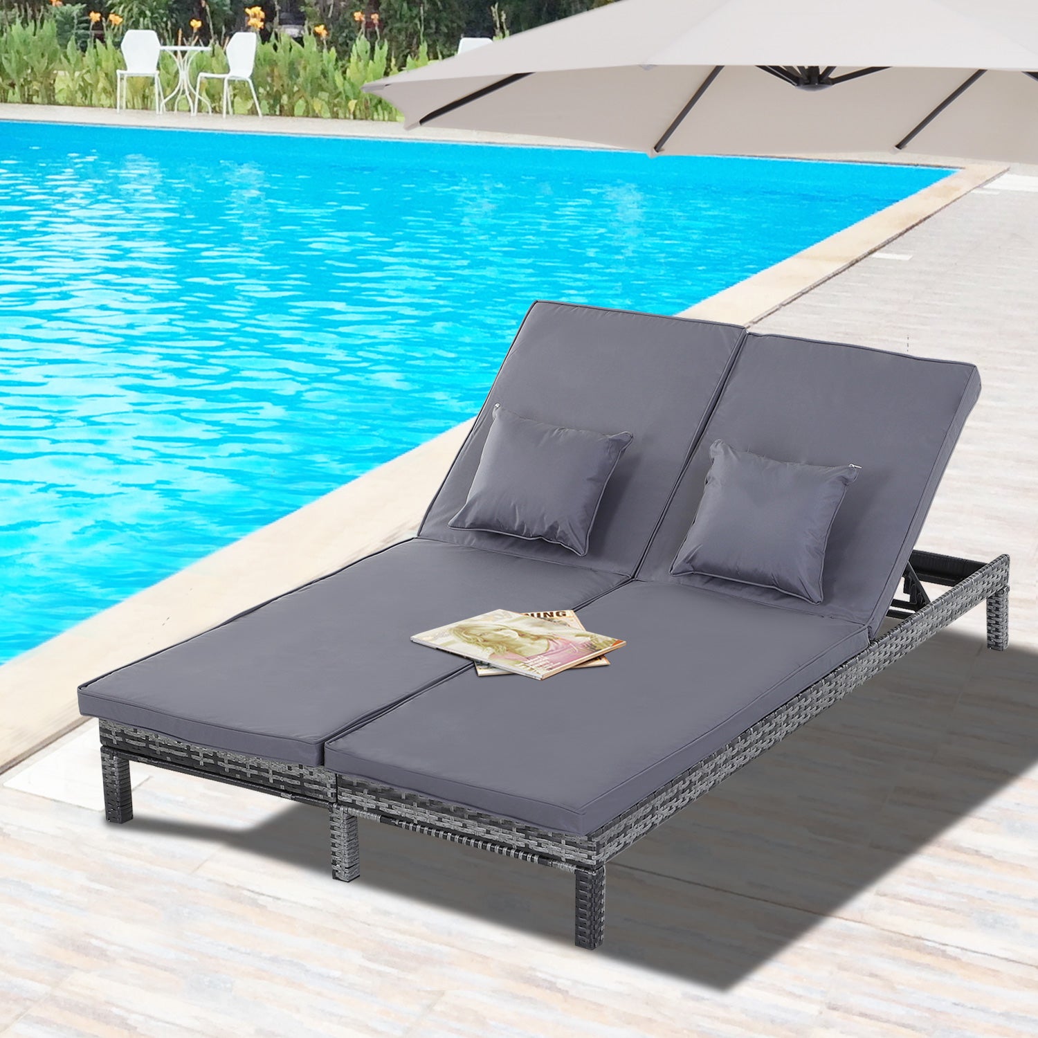 Verona 2 Seater Rattan Lounger Adjustable Double Chaise Chair Loveseat w/ Cushion - Grey