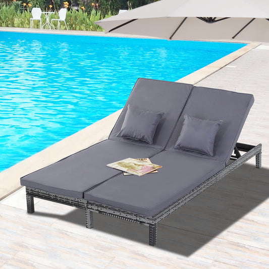 Verona 2 Seater Rattan Lounger Adjustable Double Chaise Chair Loveseat w/ Cushion - Grey