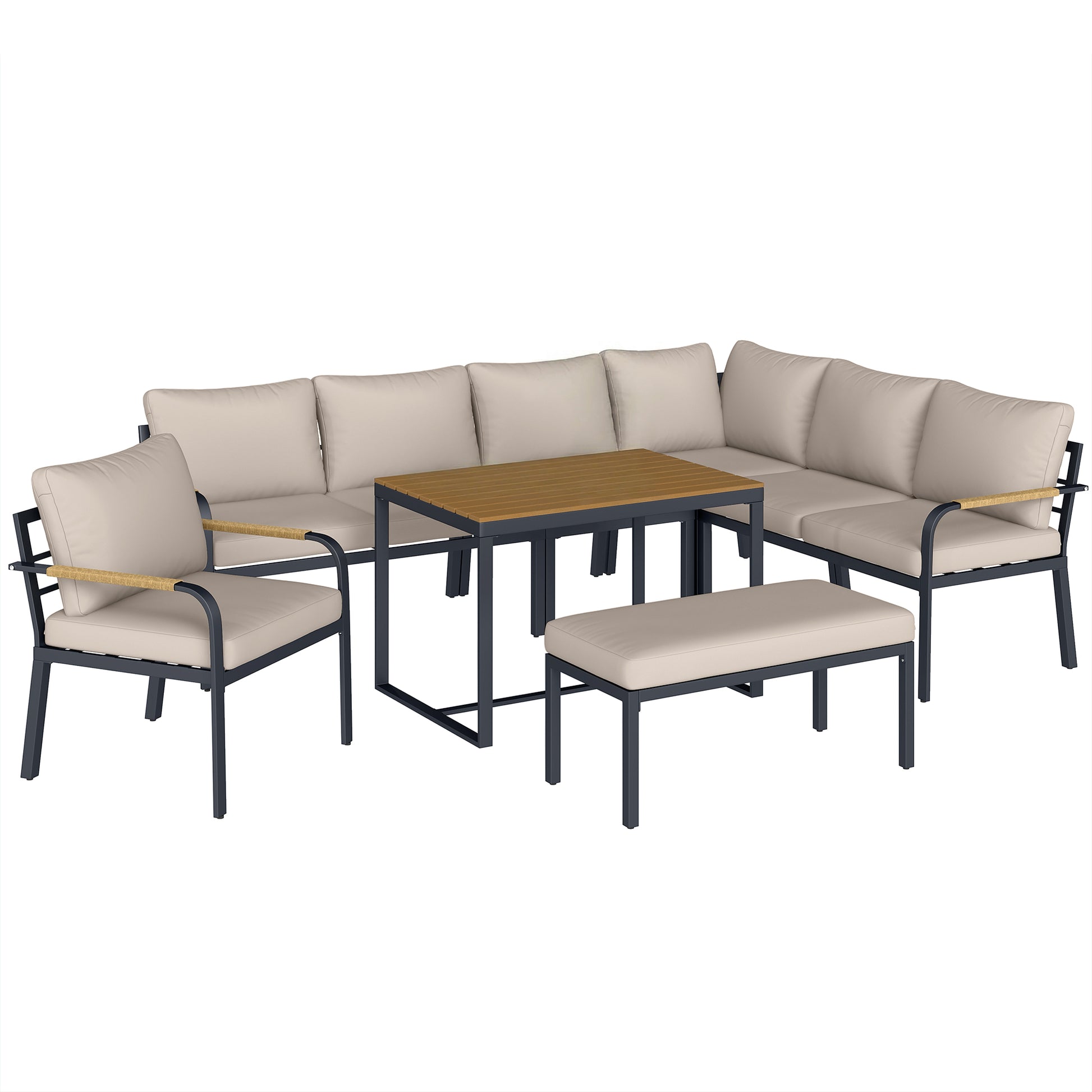 Outsunny 7 Seater Garden Furniture Set, Metal Garden Sofa Set with Cushions, Outdoor Furniture Conversation Sets, Khaki