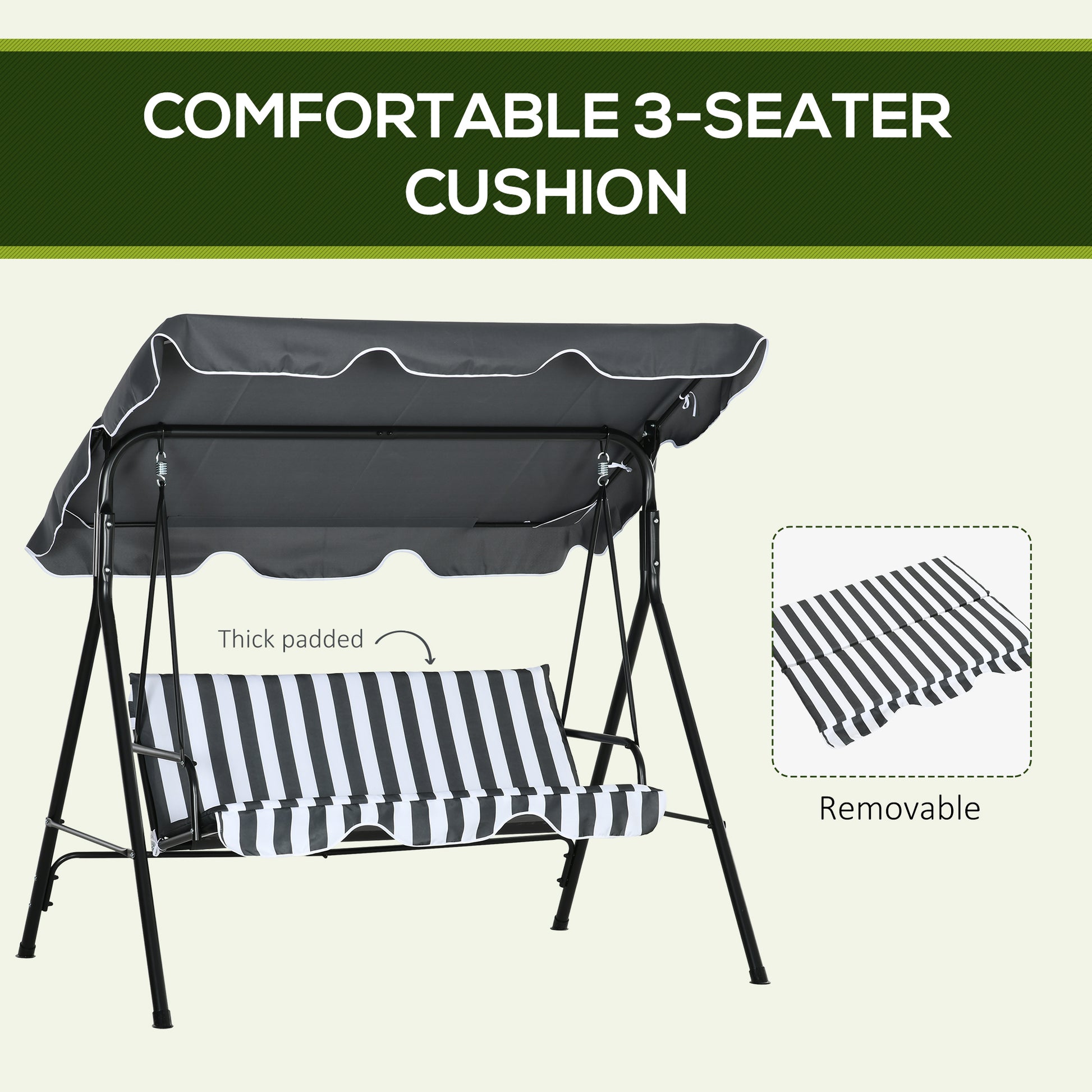 Outsunny 3 Seater Garden Swing Chair, Outdoor Swing Chair with Adjustable Canopy, Mental Frame & Cushions, Grey