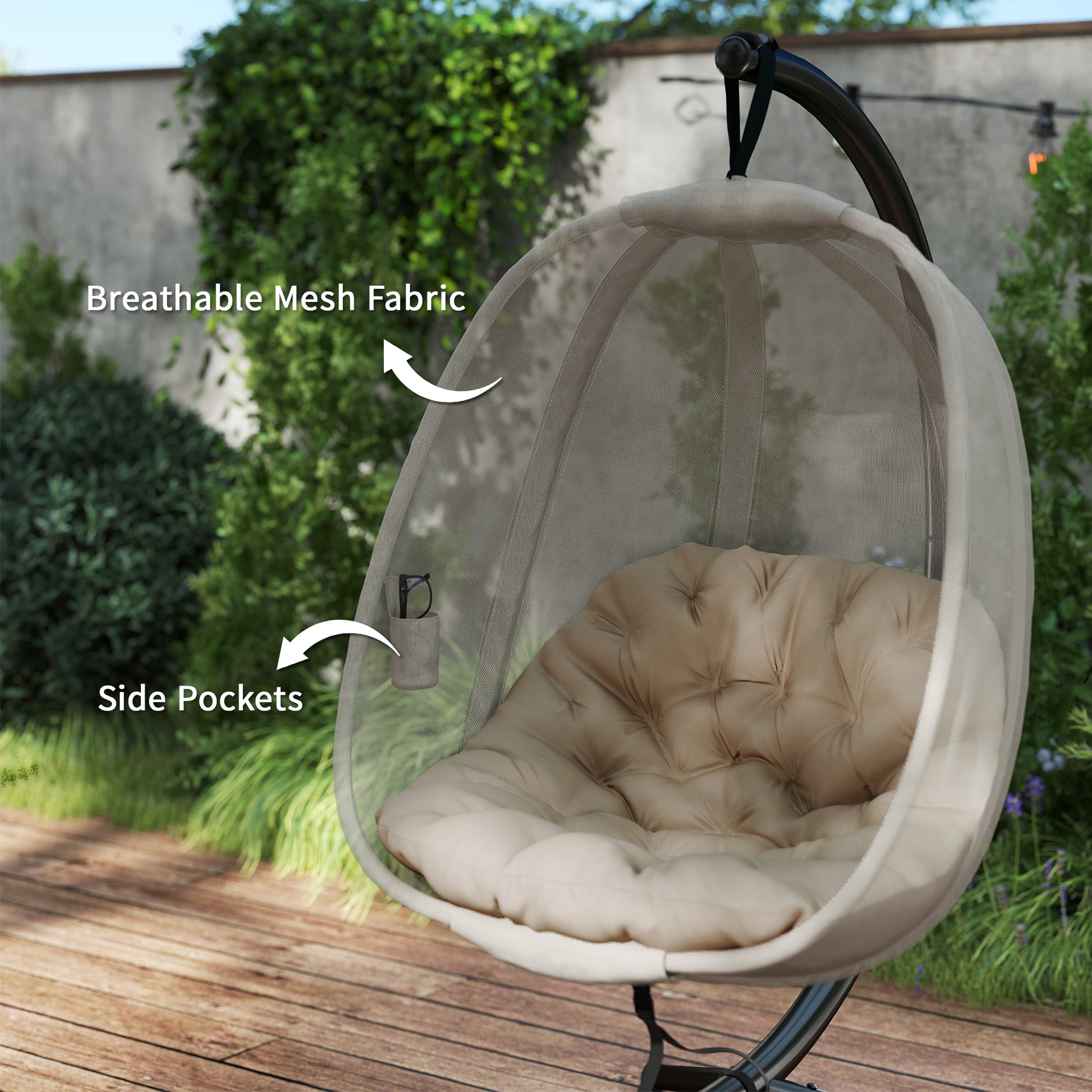 Outsunny Hanging Egg Chair, Folding Texteline Swing Hammock with Side Pocket, Cushion and Stand for Indoor Outdoor, Patio Garden Furniture, Khaki