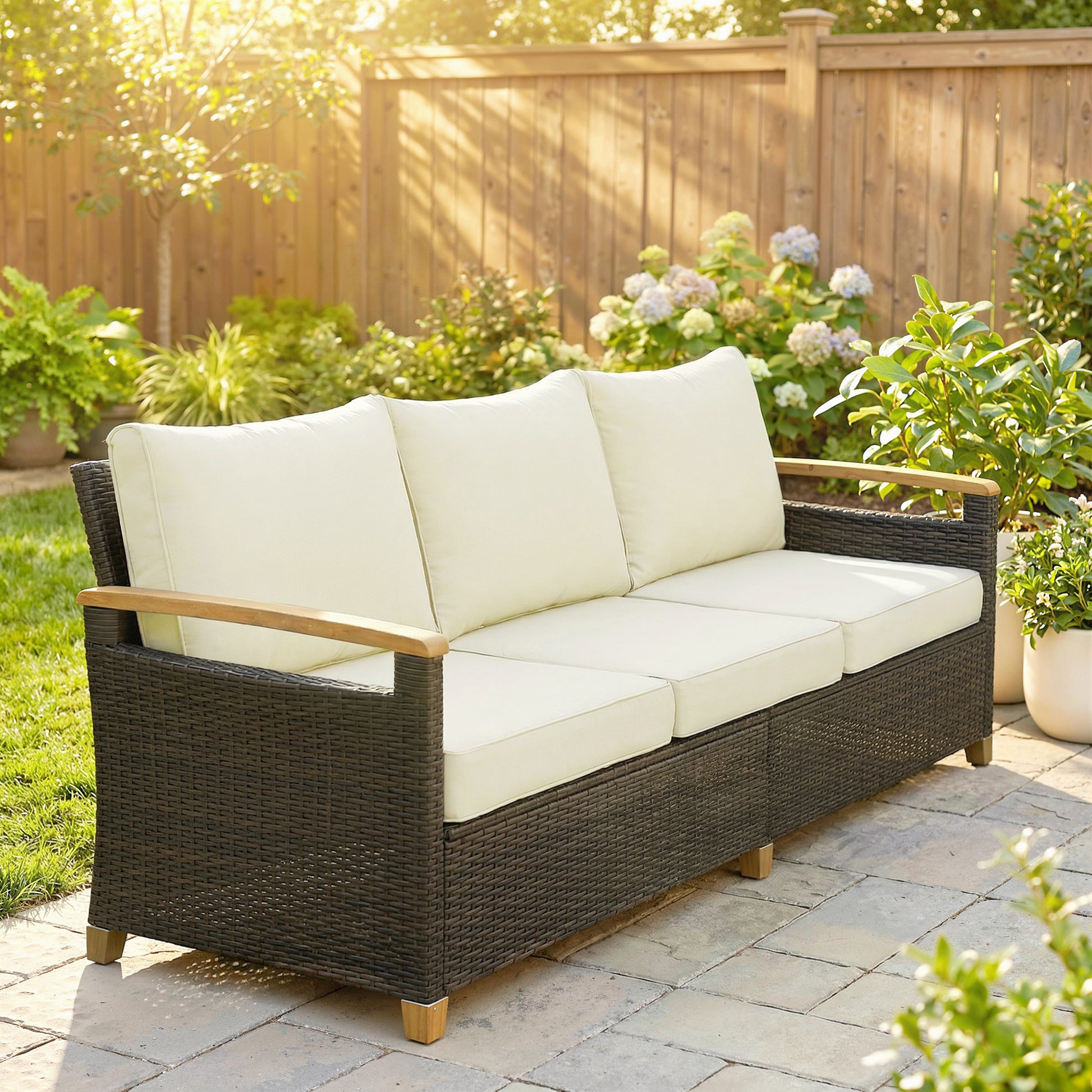 Ibiza 3 Seater Rattan Garden Sofa, PE Wicker Garden Sofa Wide Deep Seat, 4" Cushions, Wood-Effect Armrests Legs