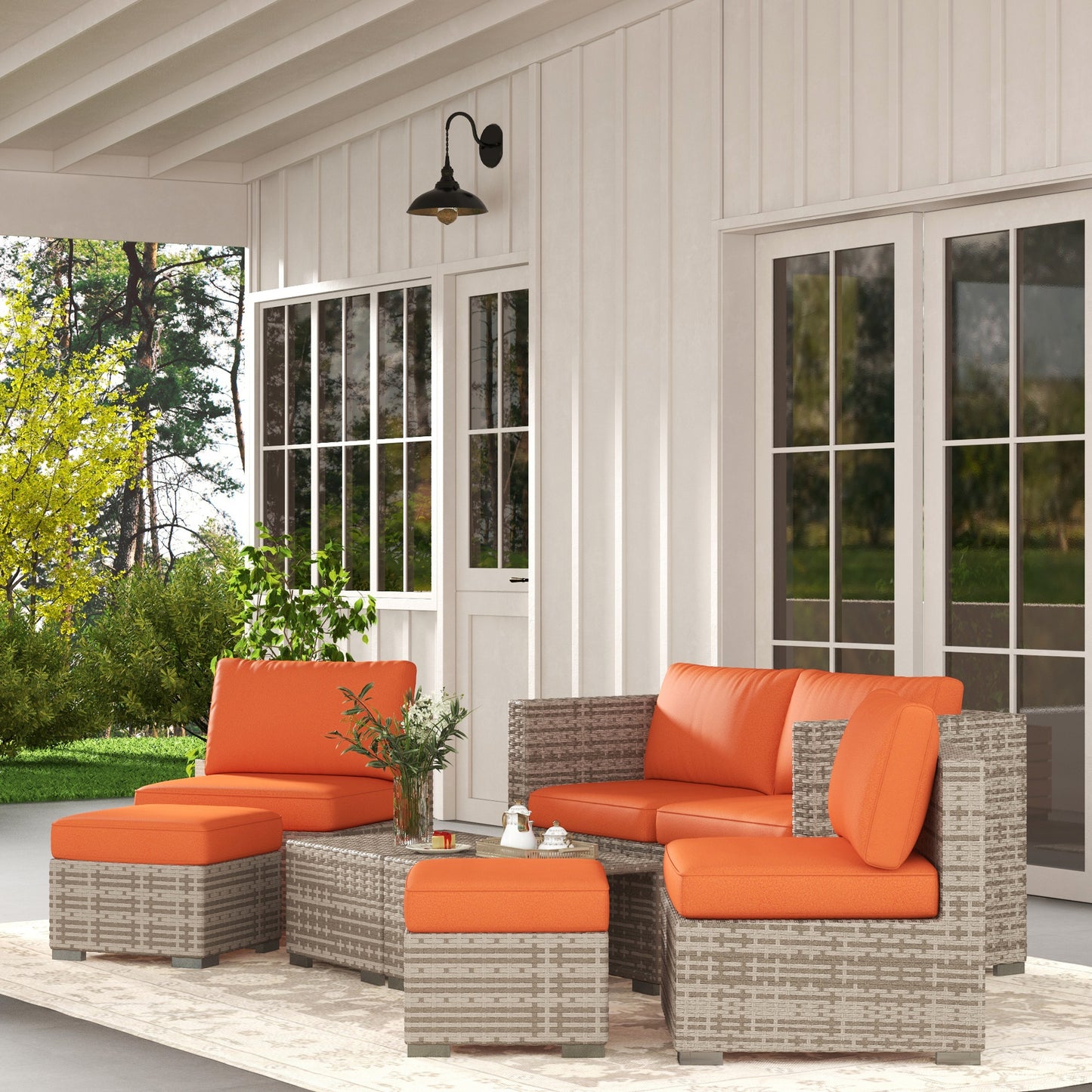 Sorrento Eight-Piece Rattan Garden Set, with Contrast Cushions - Orange/Grey