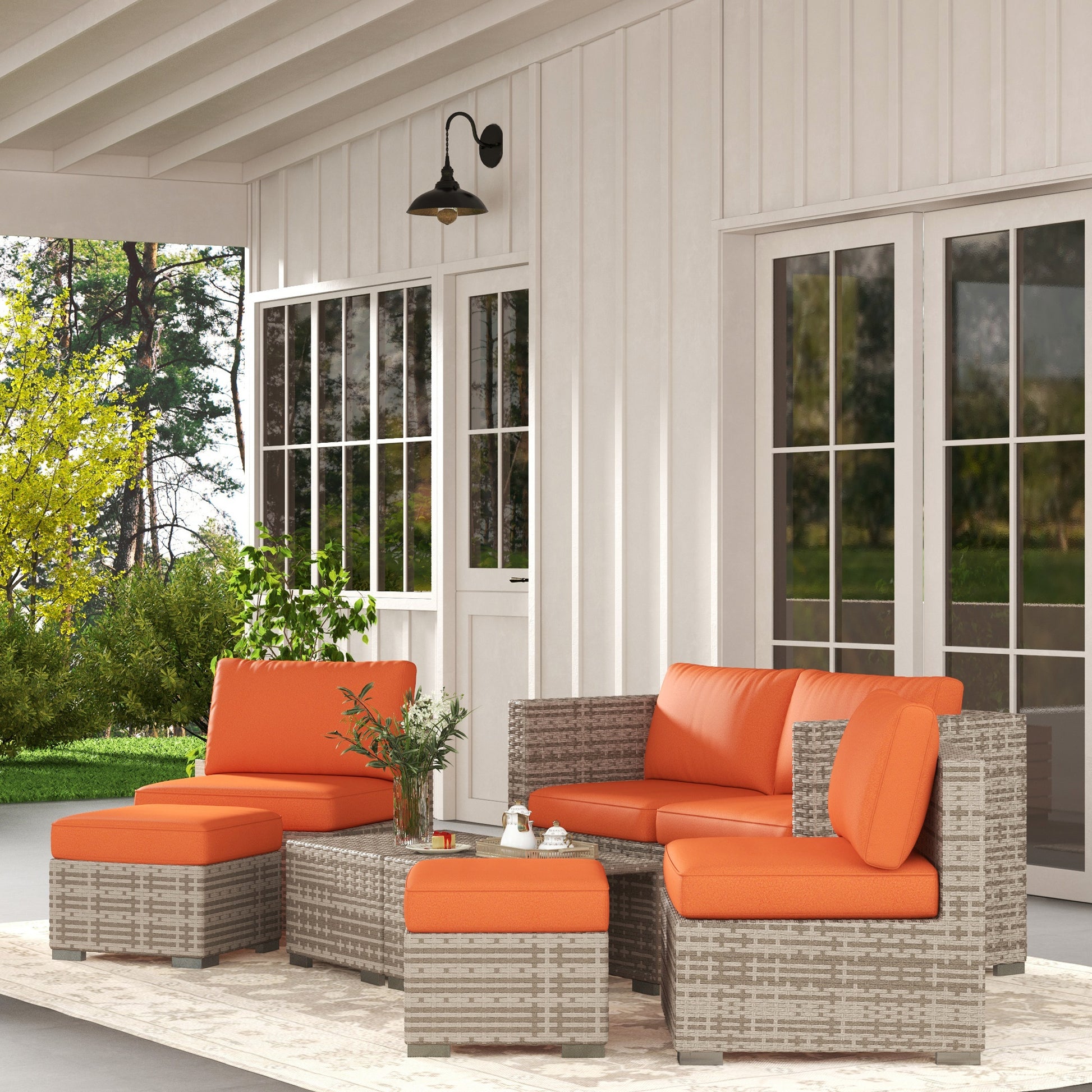 Sorrento Eight-Piece Rattan Garden Set, with Contrast Cushions - Orange/Grey
