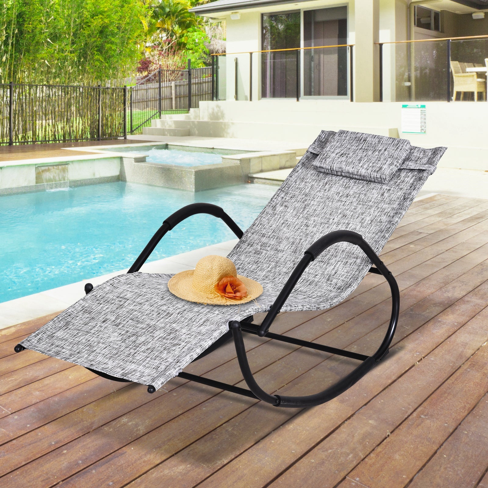 Steel Frame Zero Gravity Rocking Lounge Chair w/ Pillow Grey