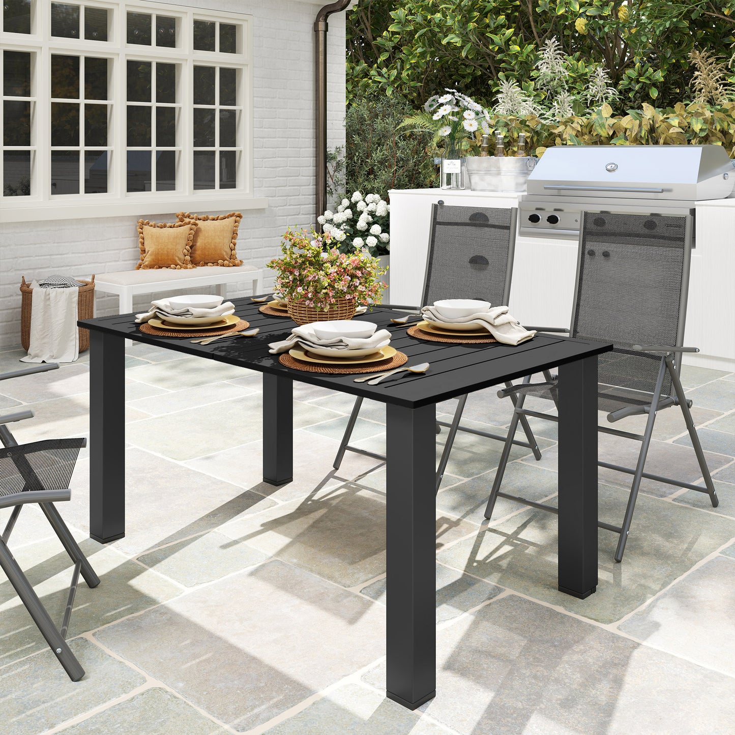 Capri Garden Dining Table for 6 with Parasol Hole, Rectangle Garden Table with Slatted Metal Top, Steel Frame