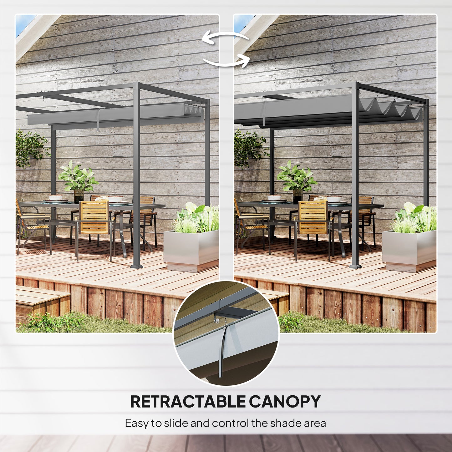 Outsunny 3 x 2m Metal Outdoor Pergola with Retractable Roof, Outdoor Gazebo Canopy Shelter with Drainage Holes for Garden, Patio, Lawn, Grey