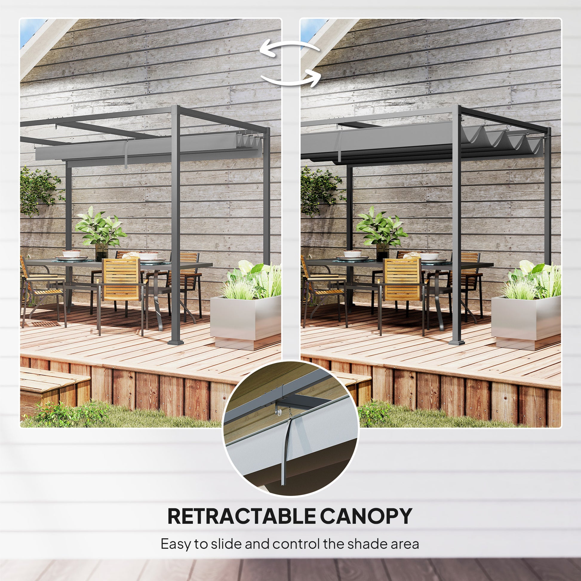 Outsunny 3 x 2m Metal Outdoor Pergola with Retractable Roof, Outdoor Gazebo Canopy Shelter with Drainage Holes for Garden, Patio, Lawn, Grey