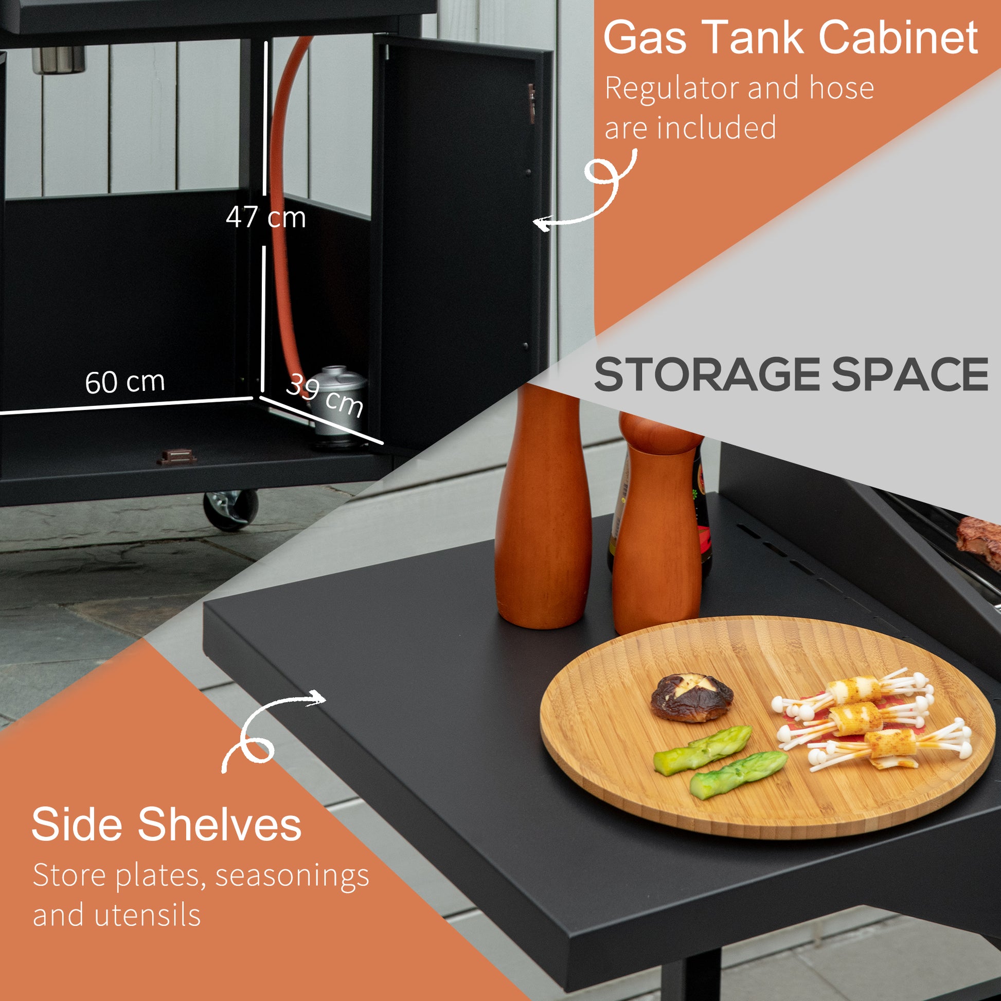 Outsunny 4 Burner Gas BBQ Grill Outdoor 11.6 kW Portable Barbecue Trolley w/ Warming Rack, Side Shelves, Cabinet