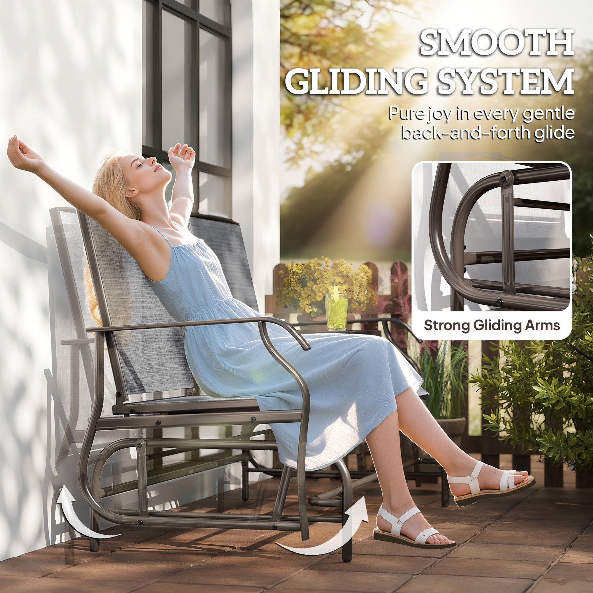 Outsunny 2 Seats Garden Glider Bench, Metal Frame Loveseat with Glass Top  Centre Table, Porch Rocking Glider for 2 Person, for Deck, Patio, Brown/ Grey