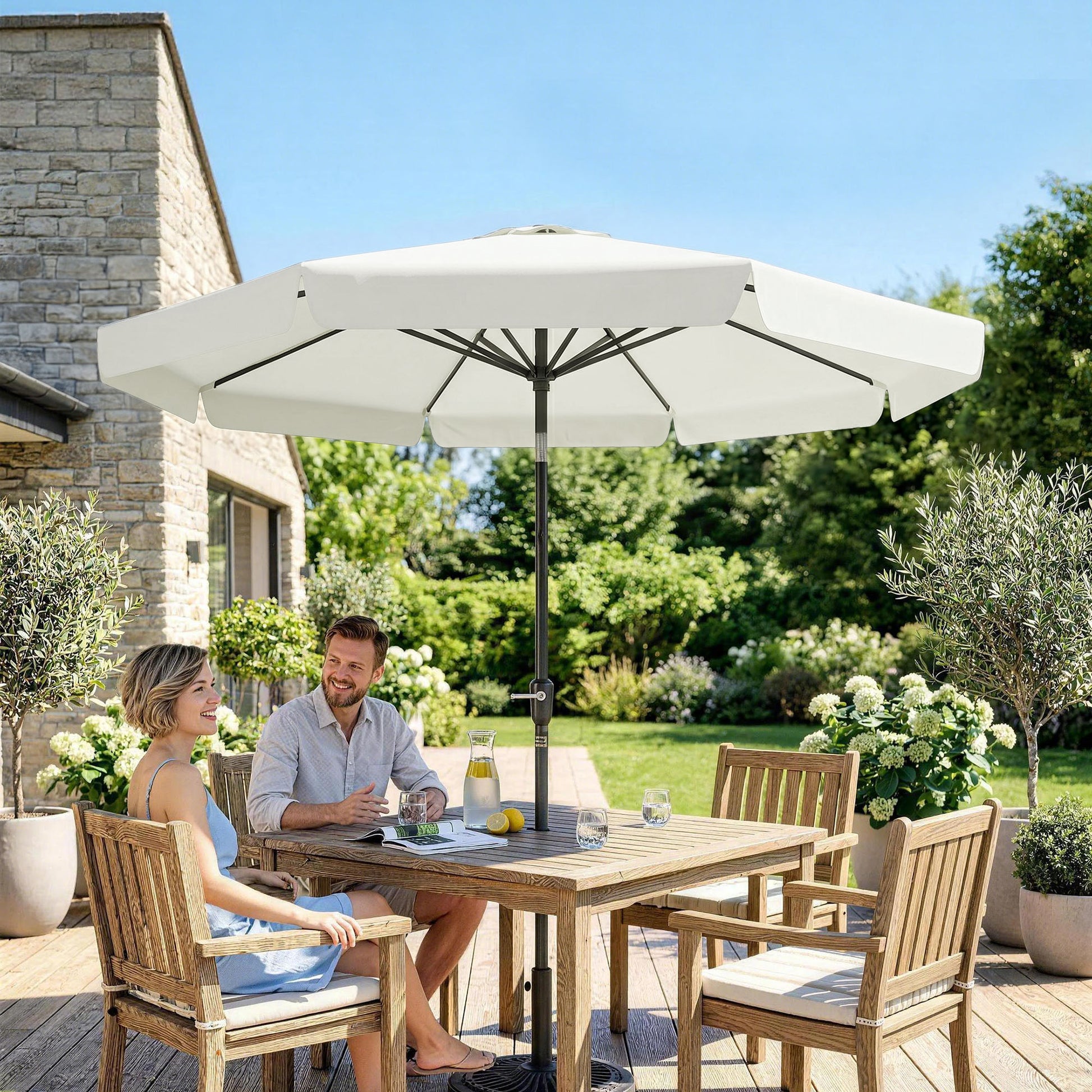 Outsunny 2.7m Patio Parasol Garden Umbrellas with Aluminium Pole, UPF 50+ Outdoor Sun Shade Table Umbrella with Tilt, Crank, 8 Ribs, Ruffles, White