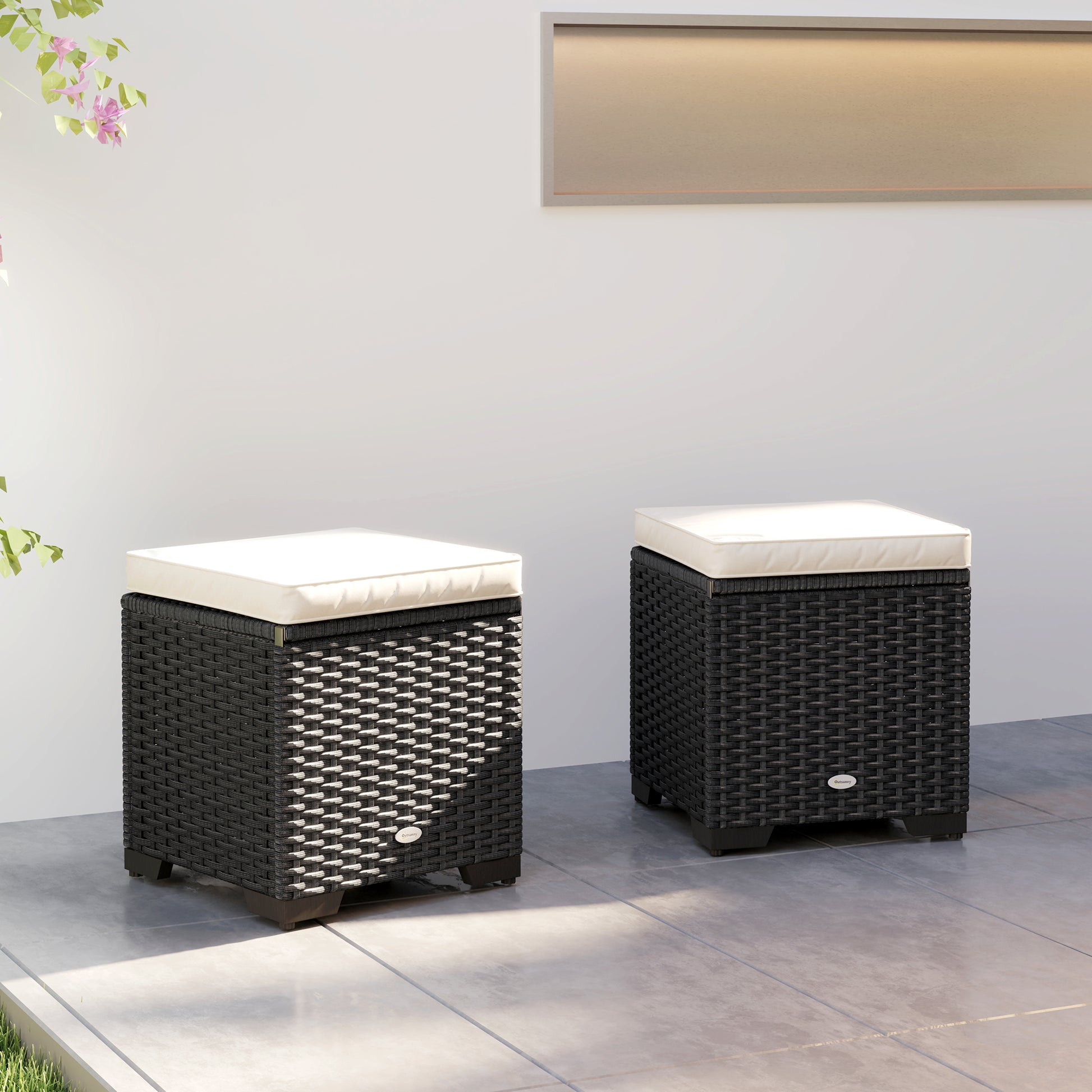 Outsunny Set of 2 Rattan Storage Ottoman, Outdoor Footstool with Removable Cushions, Garden Storage Seat for Balcony, Porch, Living Room, Cream