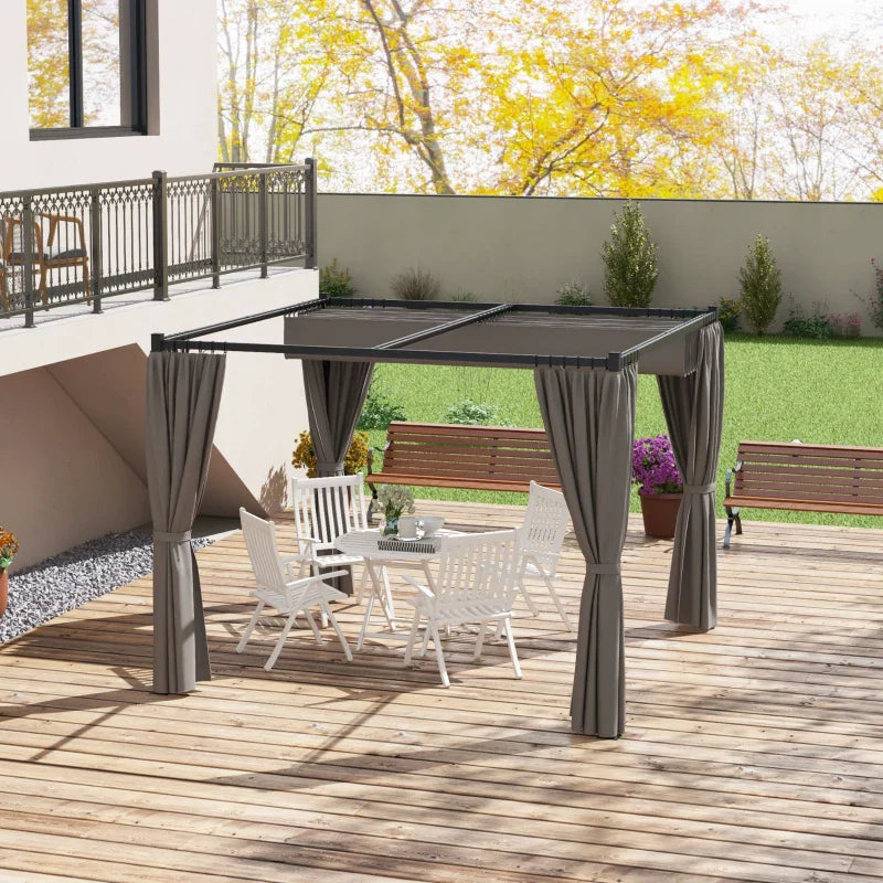 Light Grey 3m x 3m Retractable Roof Pergola Canopy – Outdoor Patio Shelter with Curtains, Metal Frame & Secure Fixing Kit