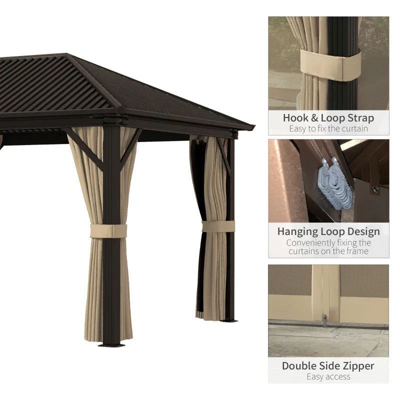 Brown 3.6m x 3m Aluminium Hardtop Gazebo - Durable Garden Shelter with Privacy Curtains