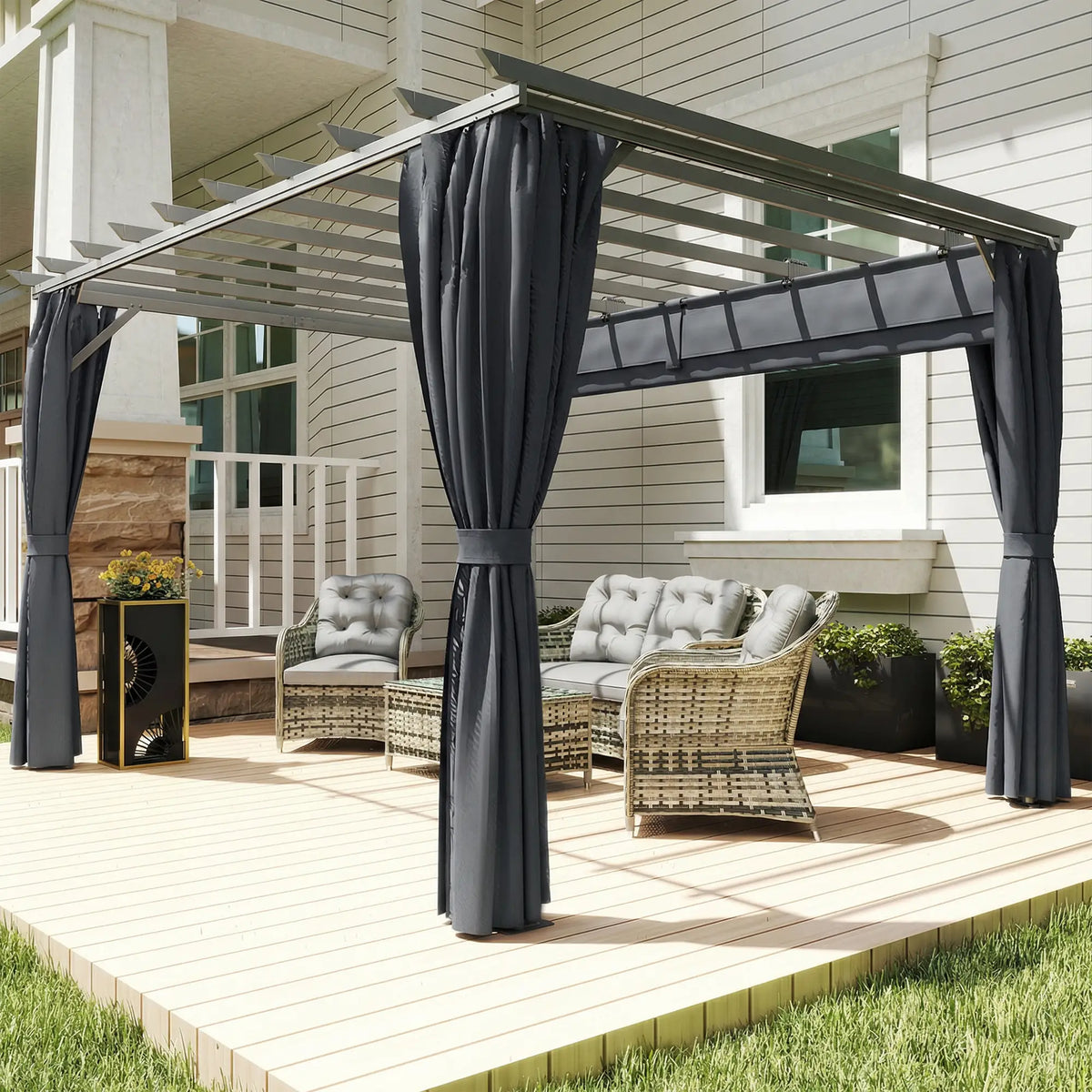 3.6x3m Aluminium Garden Pergola with Retractable Roof Canopy & Curtains – Modern Outdoor Sun Shade Shelter, Weather – Resistant Patio Cover, Dark Grey