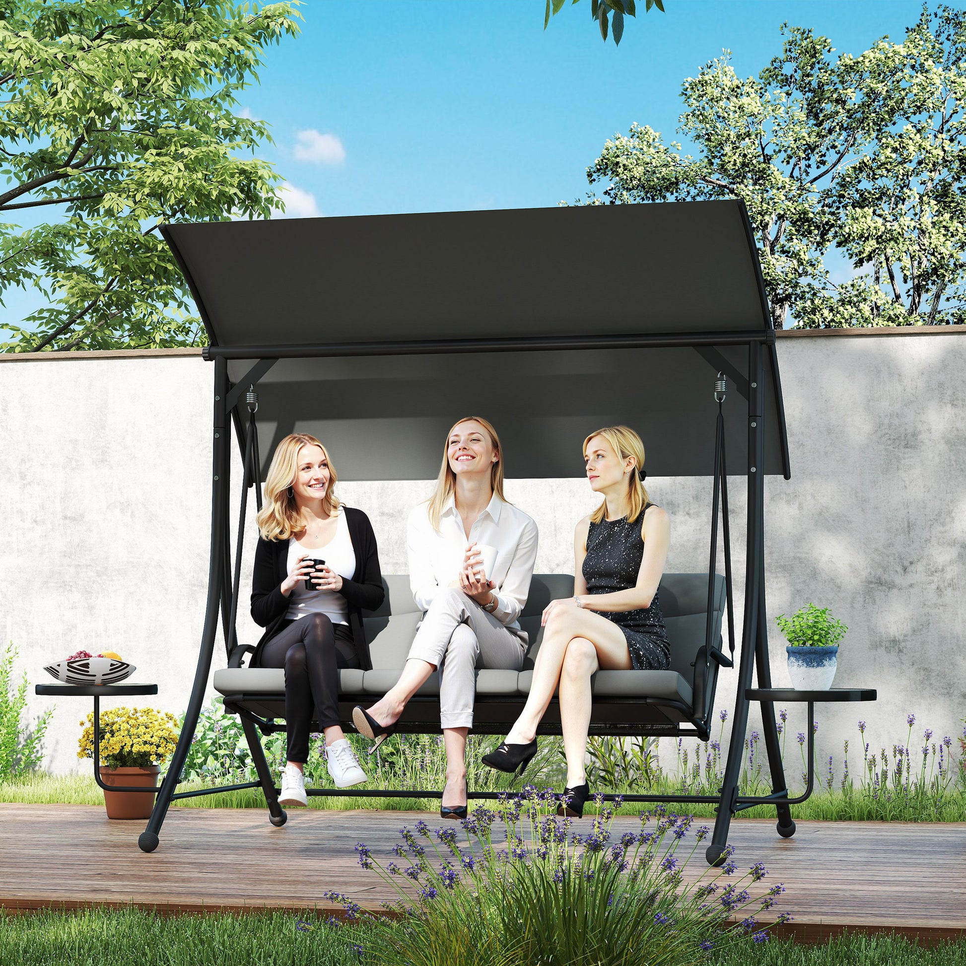 Amalfi Three-Seater Garden Swing, with Adjustable Canopy - Black/Grey