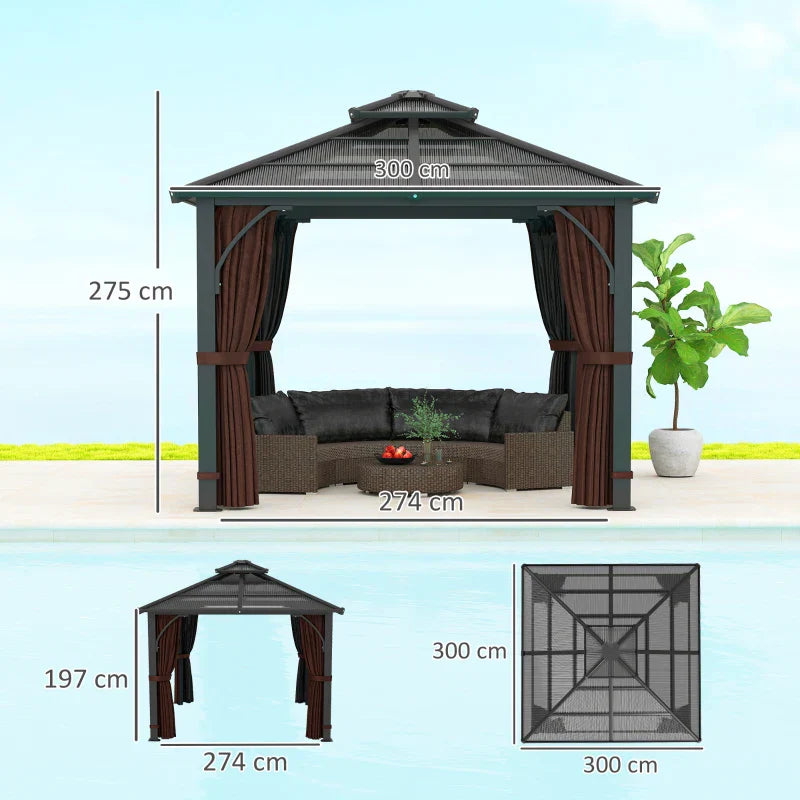 3x3m Brown Permanent Hardtop Gazebo Pavilion – 7mm Polycarbonate Double Roof Garden Shelter with Curtains & Insect Netting