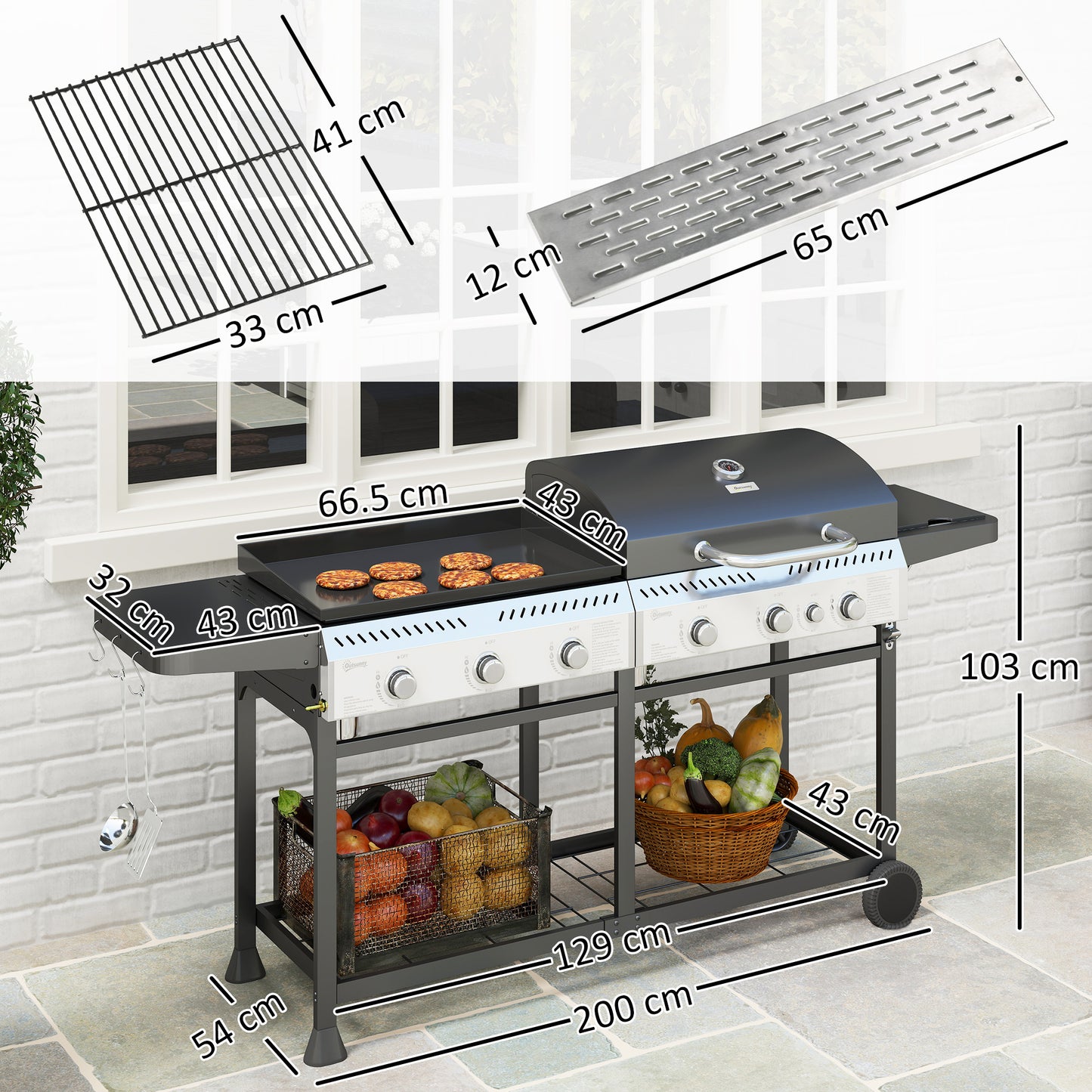 Outsunny 17kW Deluxe Duo Gas BBQ, with Grill, Plancha and Side Burner - Black